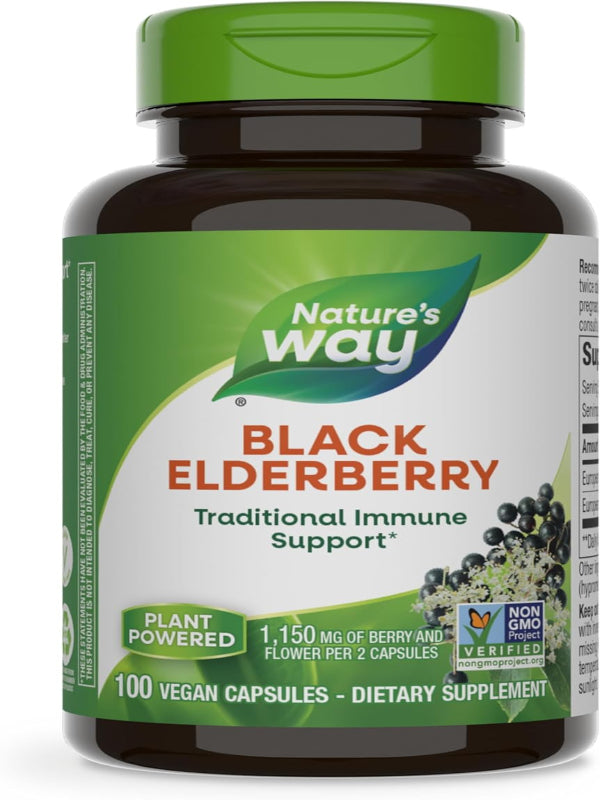 Nature's Way Black Elderberry Supplement, Traditional Immune Support*, With Elderberry and Elderflower, Plant Powered, 100 Capsules (Packaging May Vary) - Nirvana Guru