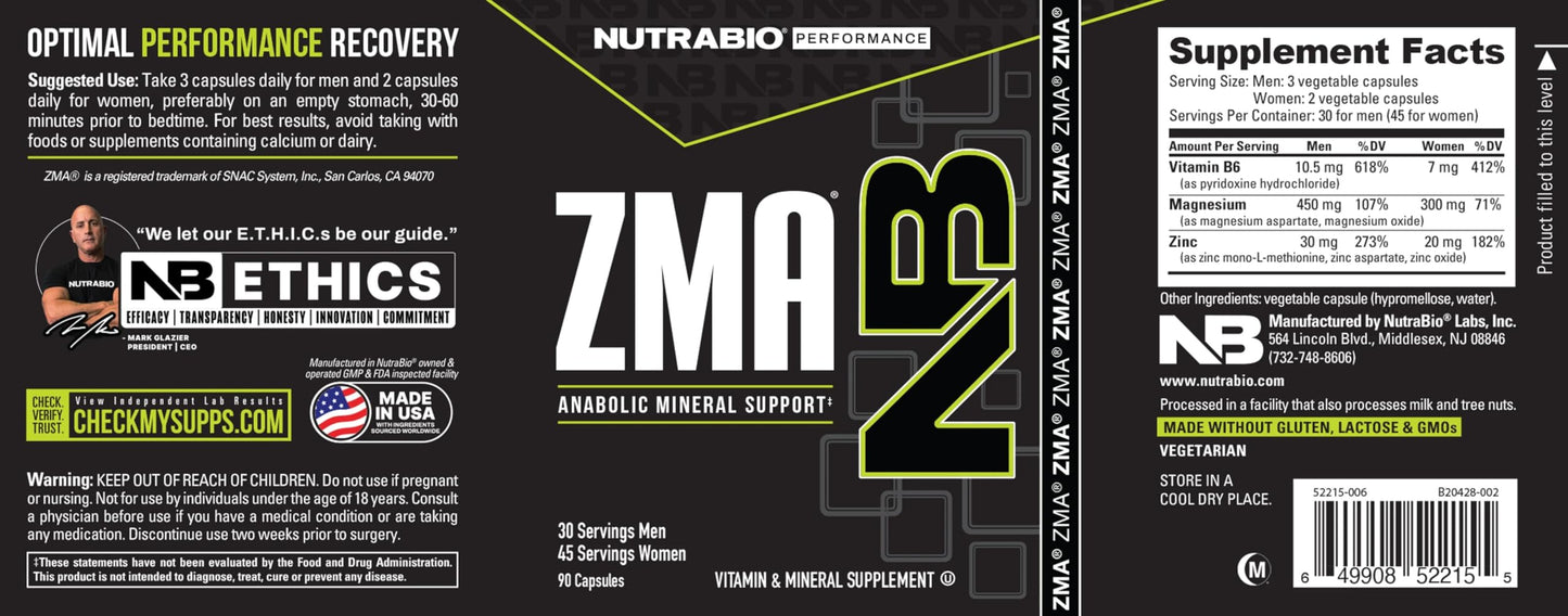 NutraBio ZMA Supplements for Men & Women- Zinc Magnesium Supplements to Support Hormone Levels -Sleep- Muscle Recovery-Immune Health 90 Count Nirvana Guru