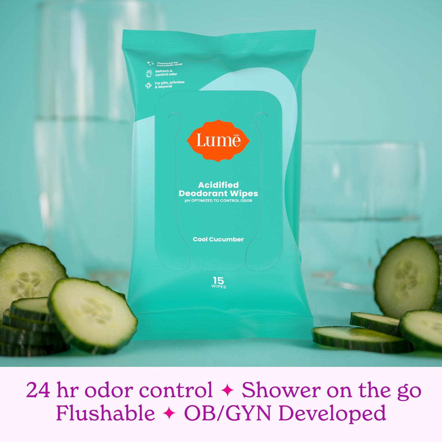 Lume Acidified Deodorant Wipes - 24 Hour Odor Control - Aluminum Free, Baking Soda Free, Skin Loving - 15 Count (Pack of 3) (Cool Cucumber) Nirvana Guru