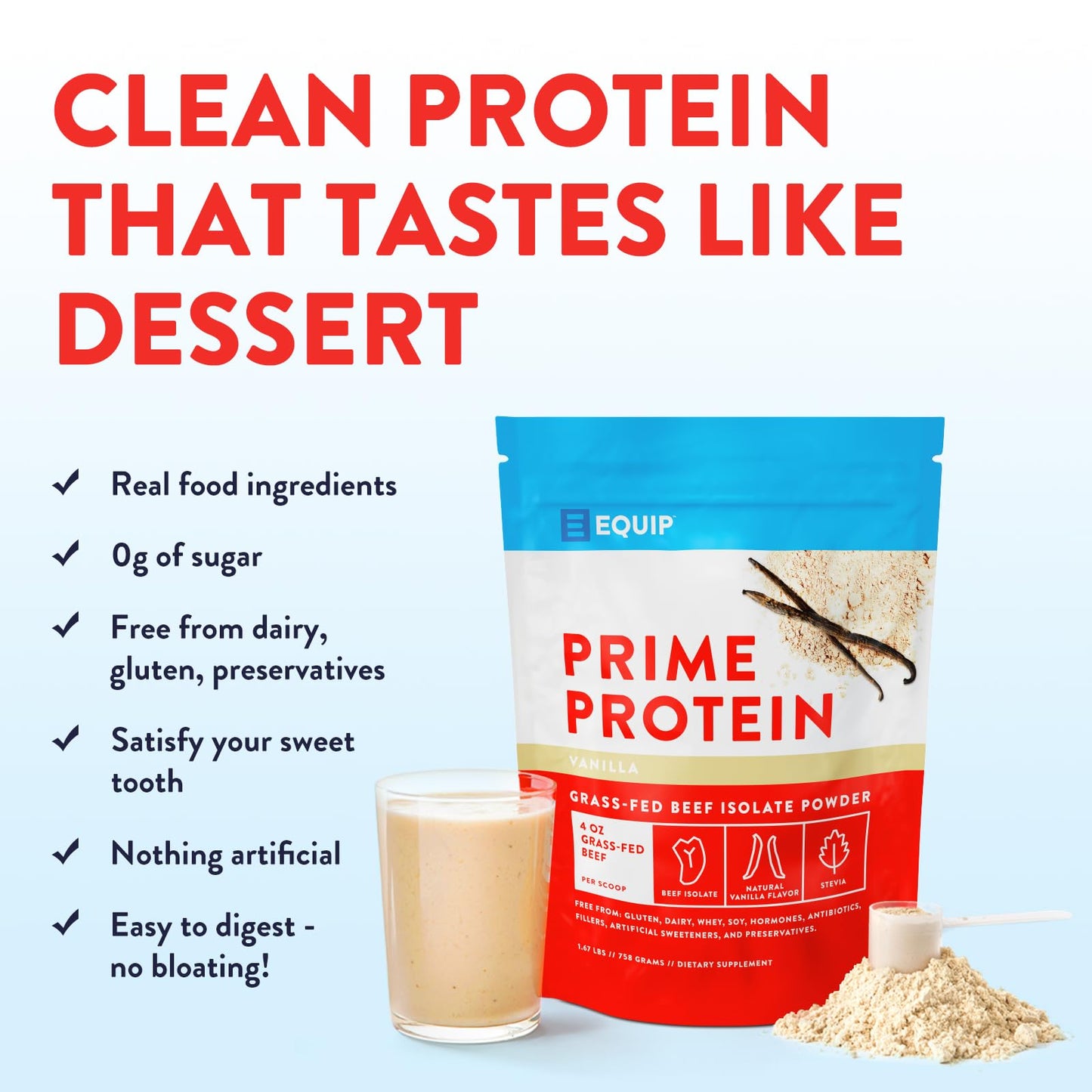 Equip Foods Prime Protein Powder | Clean, Grass Fed Beef Protein Isolate | Carnivore Protein Powder | Paleo, Keto Friendly | Gluten, Dairy Free | Helps Build & Repair Tissue | 30 Servings, Chocolate