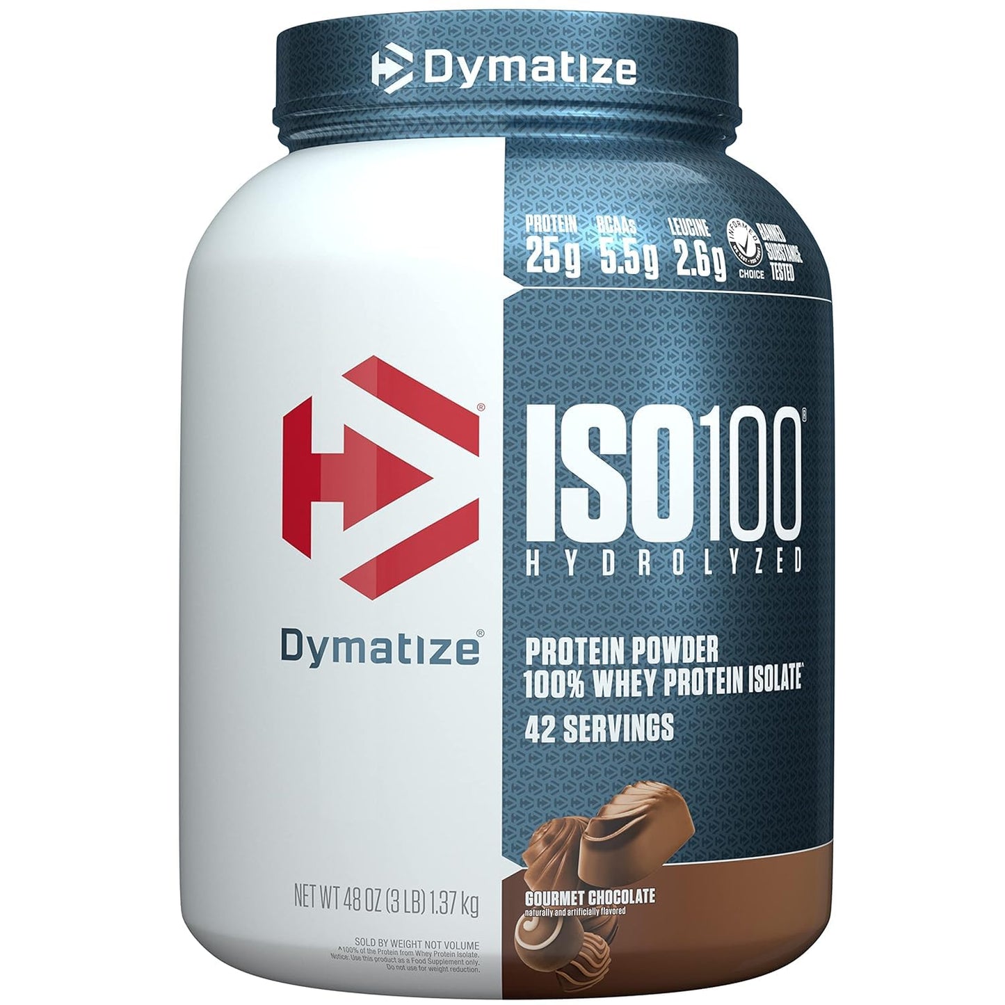 Dymatize ISO100 Whey Protein Powder Isolate, Gourmet Chocolate, 25g of Protein, 20 Servings, 5.5g BCAAs, Less Than 120 Cal., Gluten Free, 1g Fat, 1g Sugar, 2g Carb