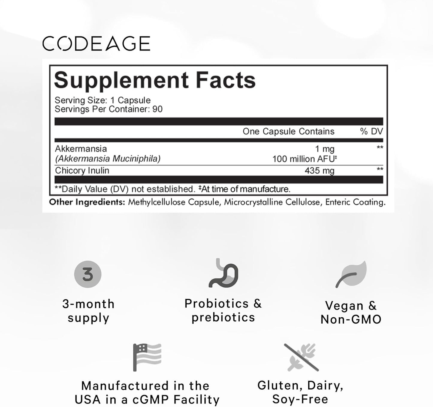 Codeage Akkermansia Muciniphila Probiotic Supplement - 3-Month Supply of Akkermansia & Chicory Inulin - Daily Synbiotic Probiotic Chicory Root - 100 Million AFUs - Gluten-Free - 90 Capsules - Nirvana Guru