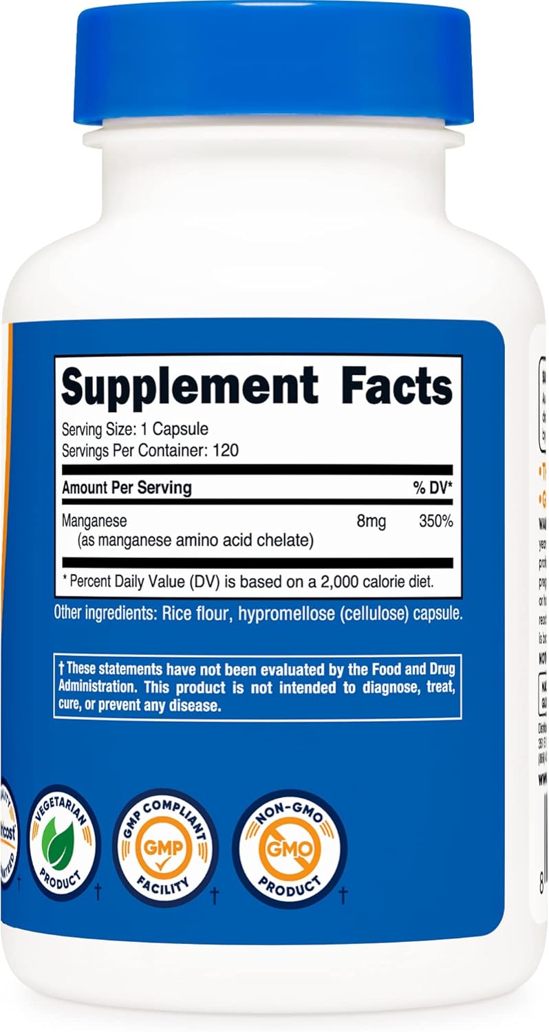Nutricost Chelated Manganese Supplement 8mg, Amino Acid Chelate, 120 Capsules, 120 Servings - Gluten Free, Non-GMO and Vegetarian Friendly - Nirvana Guru