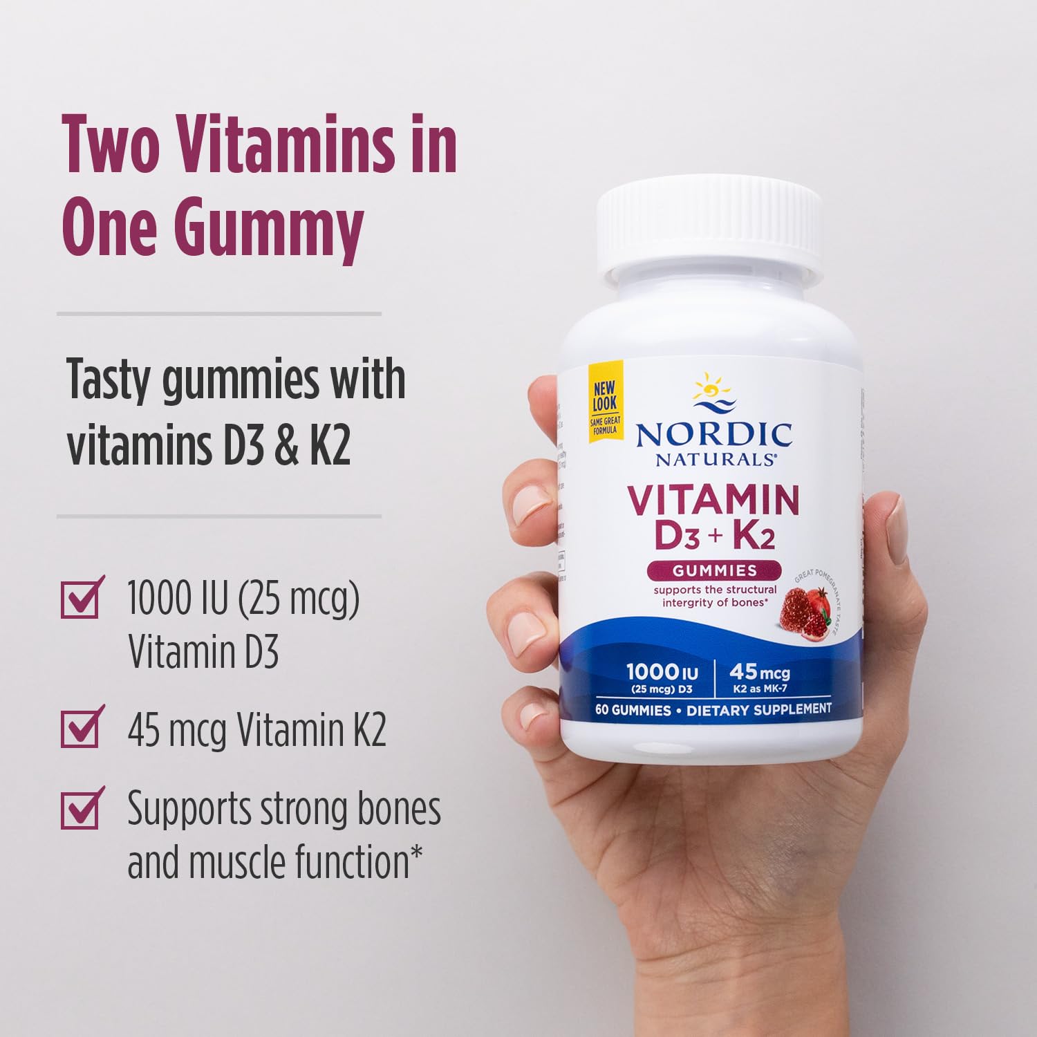 Nordic Naturals Vitamin D3 + K2 Gummies, Pomegranate - 60 Gummies - 1000 IU Vitamin D3 + 45 mcg K2 - Great Taste - Bone Health, Promotes Healthy Muscle Function - Non-GMO - 60 Servings - Nirvana Guru