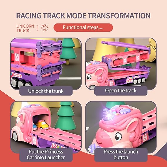 Car Toys for 3 4 5 6 7 Year Old Toddler Girl, Unicorn Toys Truck & Foldable Race Track W/Light & Sound, Friction Power Toy Cars W/ 9 Princess Cars, Birthday Gift for Kids Girls Age 4-6 nirvanaguru