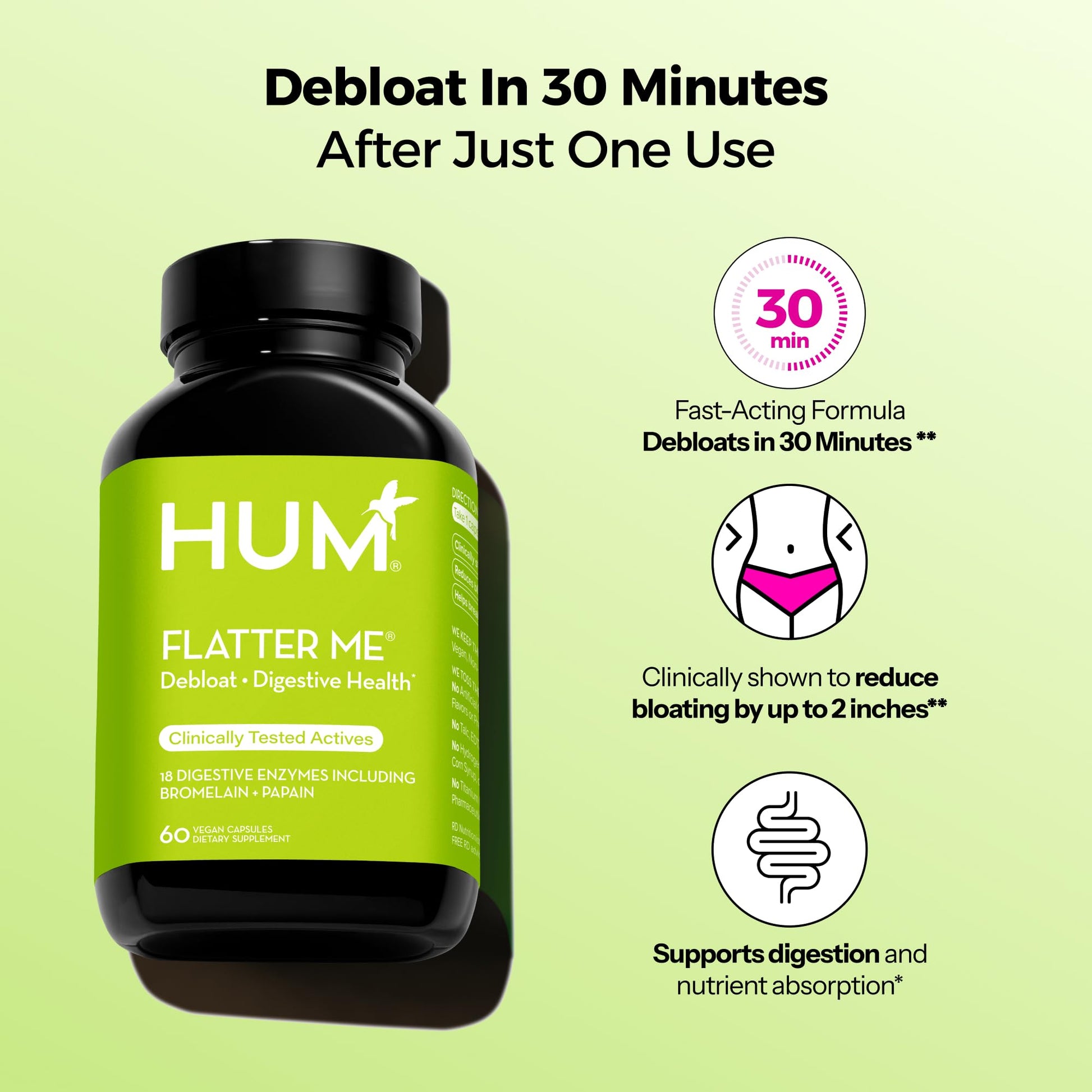HUM Flatter Me Digestive Enzymes Bloating Supplement - Fast-Acting Bloat Relief for Digestive Health & Debloating Multi Enzyme | Bloat Pills, Anti Bloat Pills, Vegan 60 Servings Nirvana Guru