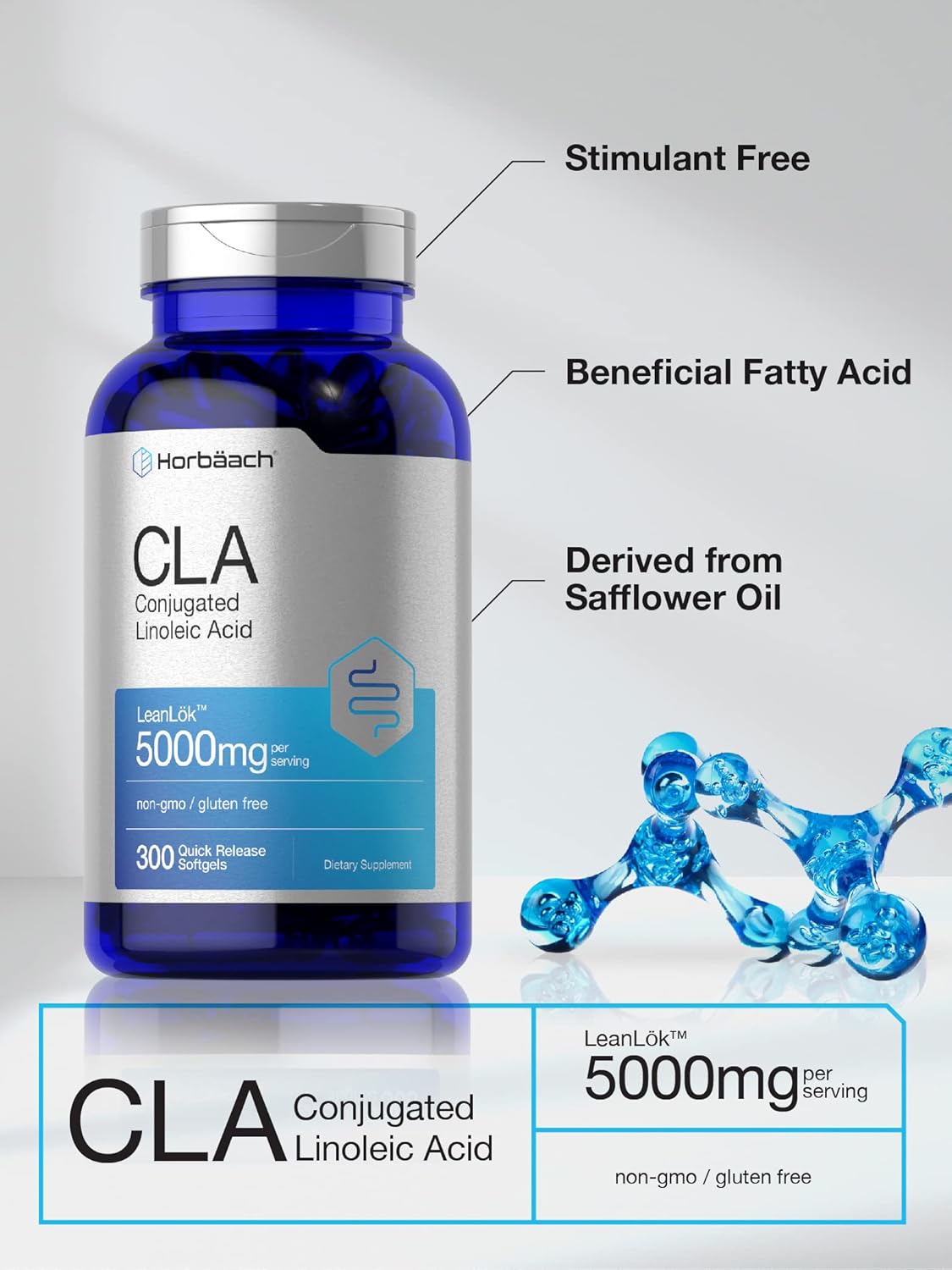 Horbäach CLA Supplement | 300 Softgel Pills | Maximum Potency | Conjugated Lineolic Acid from Safflower Oil | Non-GMO, Gluten Free - Nirvana Guru