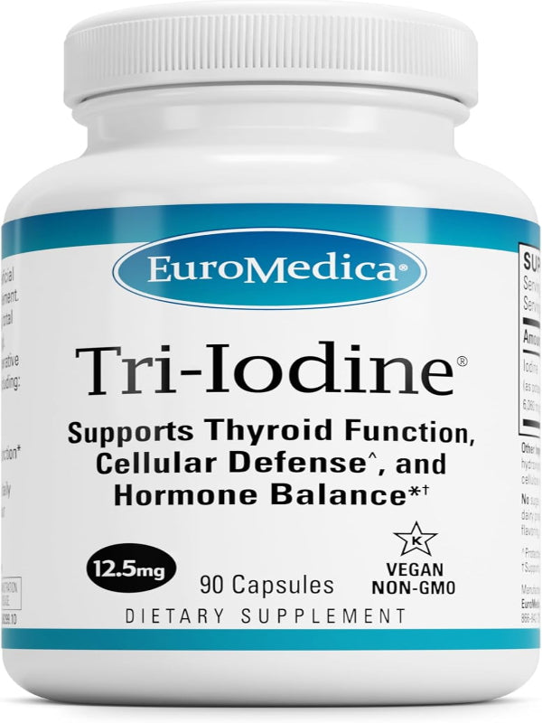 EuroMedica Tri-Iodine - Support Thyroid Health - Aids Hormone Balance with Molecular Iodine from Kelp - Features Potassium Iodide & Sodium Iodide - Brain & Energy Support - 12.5mg, 90 Capsules - Nirvana Guru