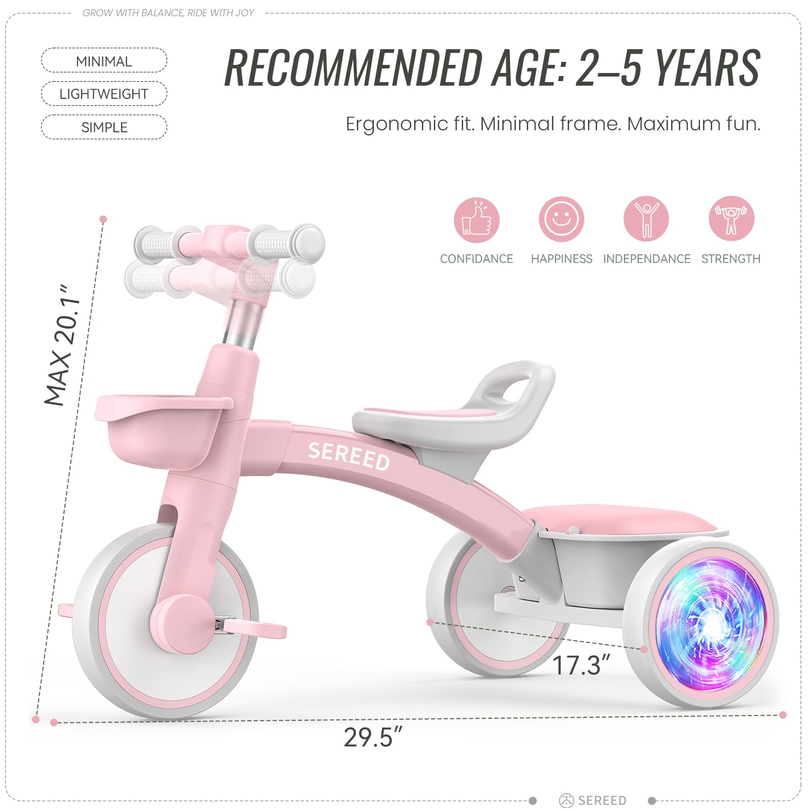 SEREED Colorful Lighting Toddler Tricycle for 2-5 Years Old Girls, Adjustable Seat&Handlebar Trike, Removable Basket, Birthday Gift Idea for Kids Ages 2+ (Pink) Nirvana Guru