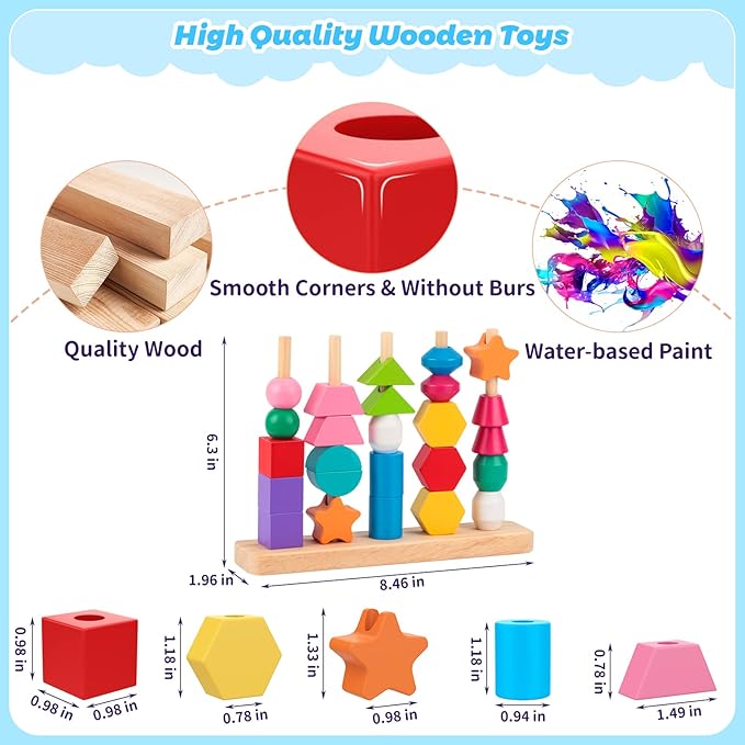 Montessori Wooden Beads Sequencing Toy Set, Stacking Blocks & Lacing Beads & Matching Shape Stacker for 2 3 4 5 Year Old STEM Preschool Learning Montessori Toys Gifts for Kids Boy Girl Toddler nirvanaguru