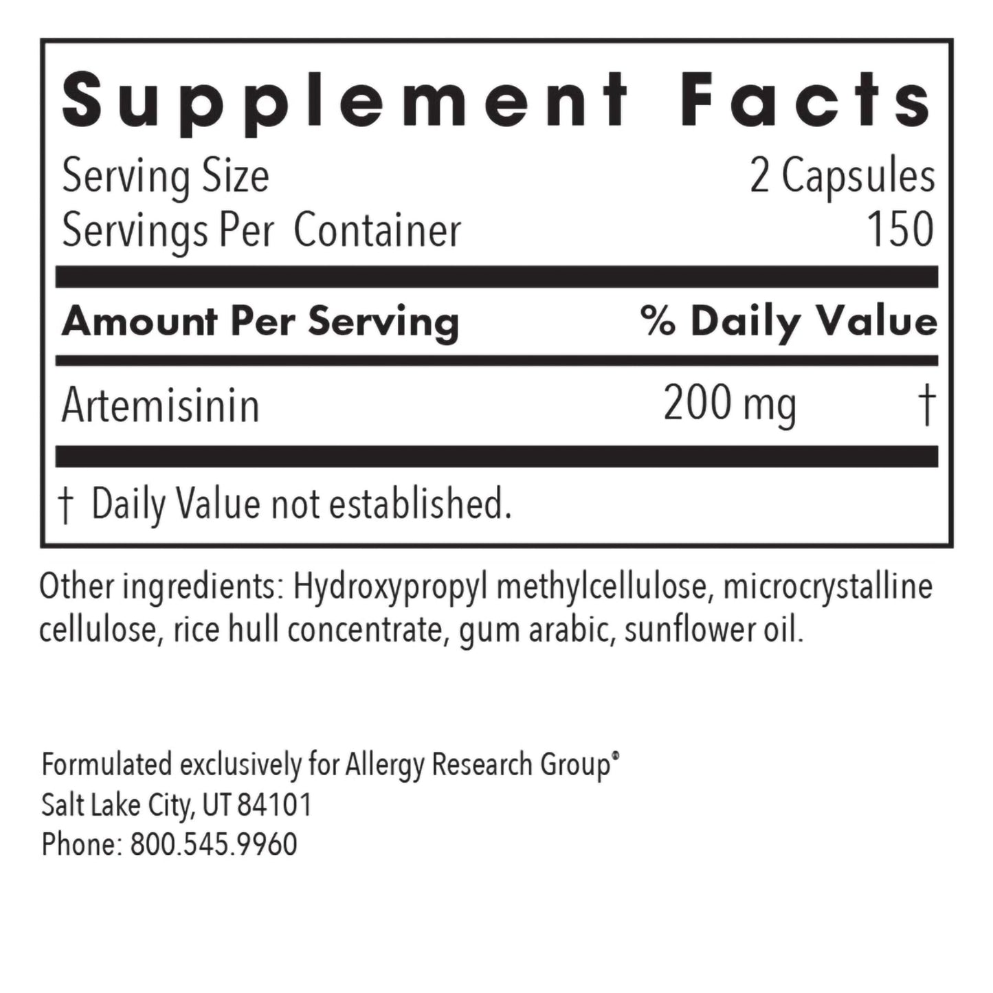 Allergy Research Group Artemisinin Supplement - Pure Sweet Wormwood Extract Artemisinin Capsules for Adults, Natural Immune Support with 200 mg, Digestive Health Support - 90 Vegetarian Capsules Nirvana Guru
