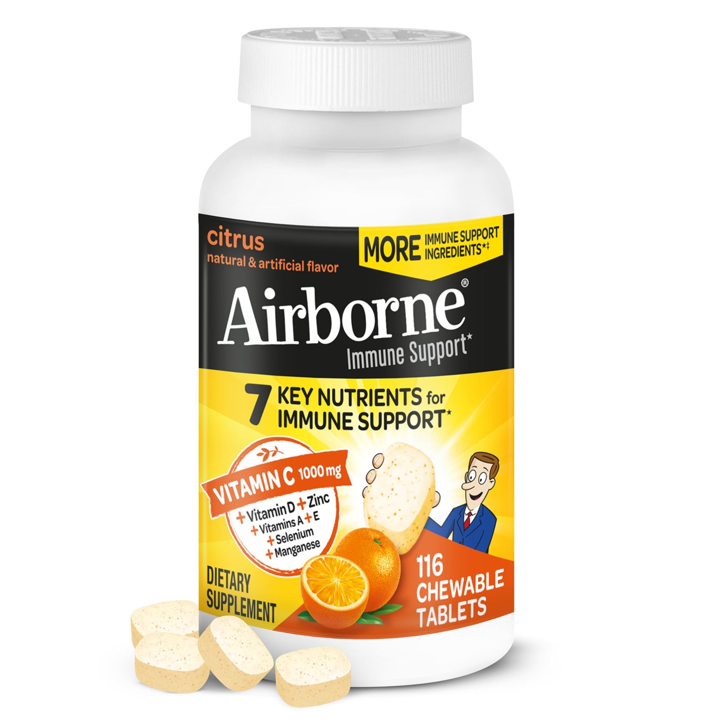 Airborne Vitamin C 1000mg (per Serving) - Citrus Chewable Tablets (116 Count in a Bottle), Gluten-Free Immune Support Supplement, with Vitamins A C E, Zinc, Selenium, Echinacea, Ginger, Antioxidants Nirvana Guru