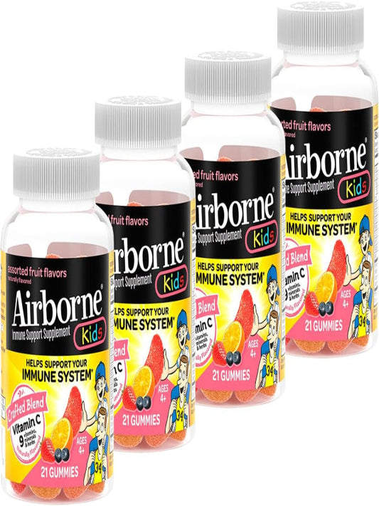 Airborne 500mg Vitamin C + Zinc Immune Support Supplement Gummies for Kids, Assorted Fruit Flavor, Gluten Free Crafted Blend with Powerful Antioxidants Vitamins C & E, 21 Gummies (4 Pack) Nirvana Guru