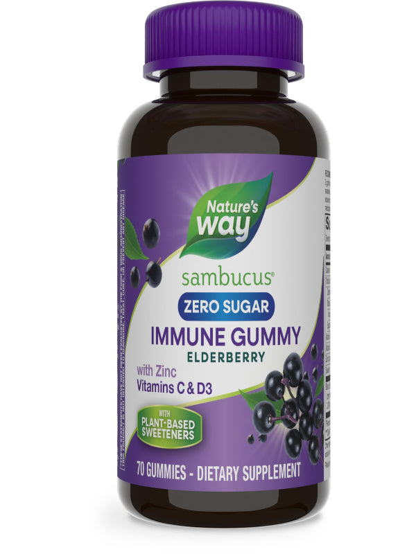 Nature's Way Sambucus Zero Sugar Immune Gummies, Daily Immune Support*, Black Elderberry Extract, Vitamin C, Vitamin D3, Zinc, Sugar Free, Sugar Alcohol Free, Plant-Based Sweeteners, 70 Gummies - Nirvana Guru