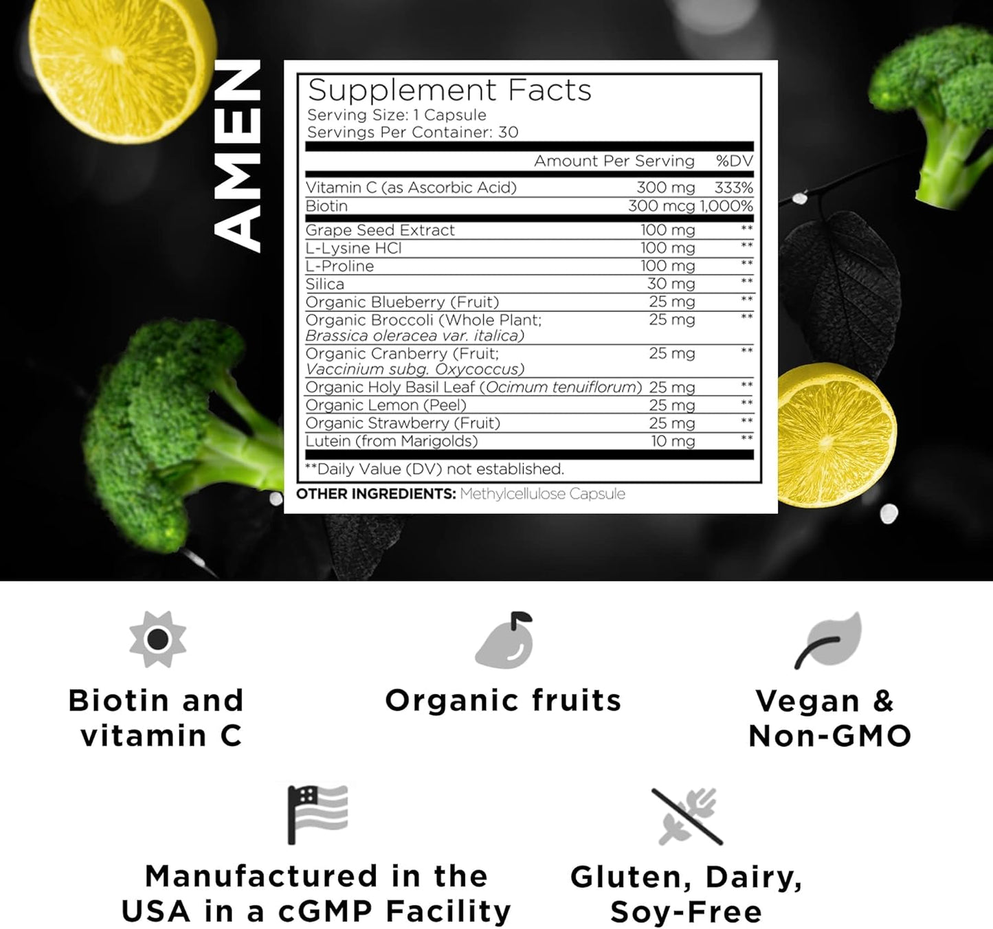 Amen Plant-Based Vegan Collagen Builder Supplement - Organic Whole Foods, Lutein, Vitamin C, Biotin, Lysine, Proline Collagen Boosters - Organic Cranberry, Lemon, Strawberry - Once A Day - 30 Capsules Nirvana Guru