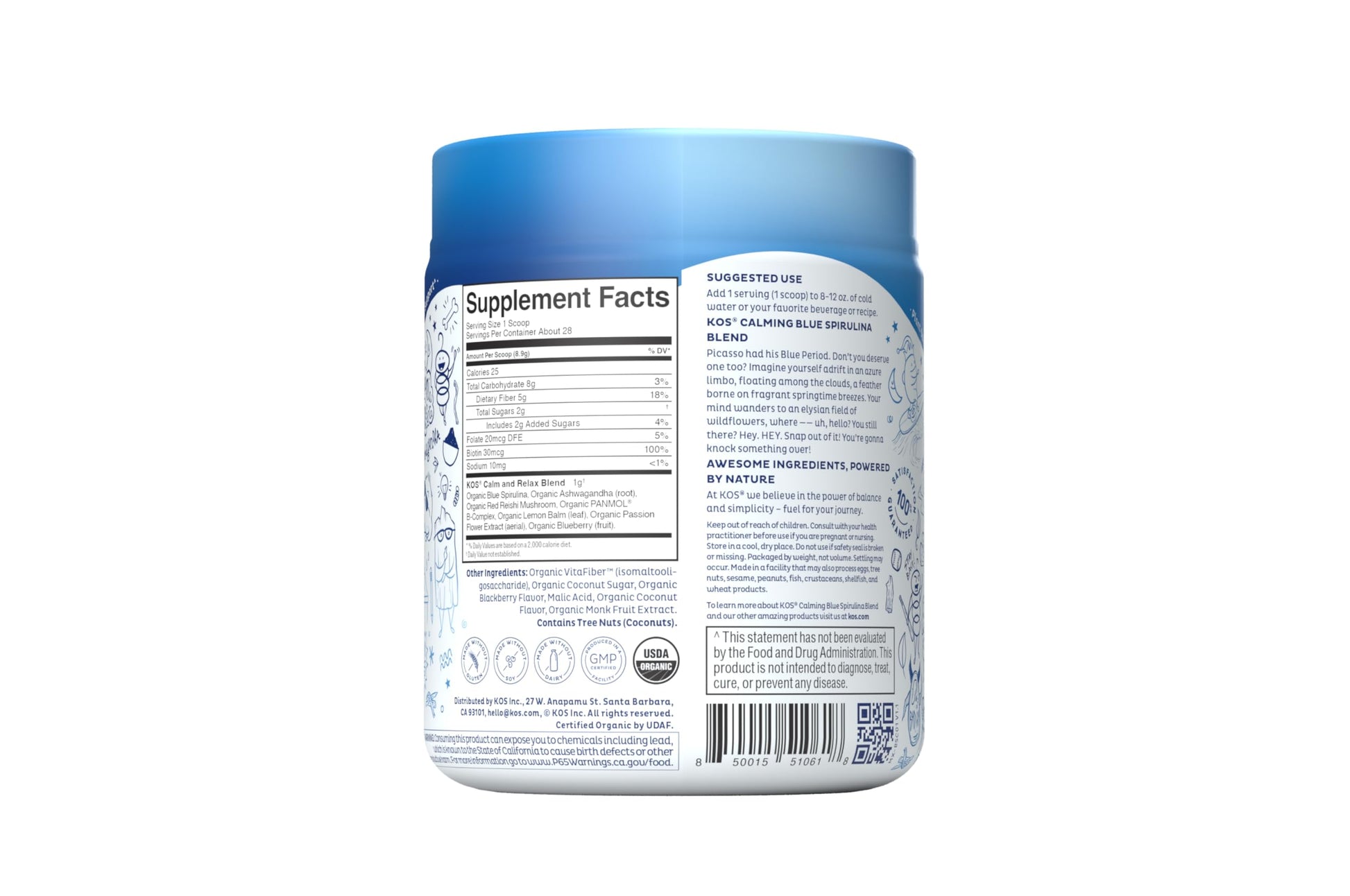 KOS Calming Blue Spirulina Blend- USDA Certified Organic - Algae Superfood Powder with Ashwagandha Root, Lemon Balm, Reishi Mushroom, B Vitamins - Berry Coconut Cooler Flavor, 28 Servings - Nirvana Guru
