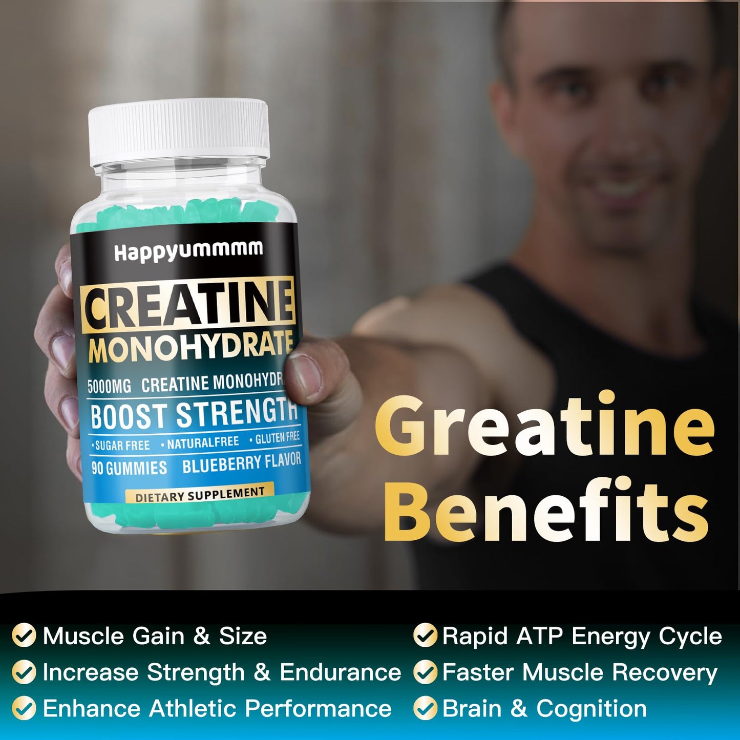 Creatine Monohydrate Gummies 5000mg for Men & Women, Chewables Creatine Monohydrate for Muscle Strength, Muscle Builder, Energy Boost, Pre-Workout Supplement(90 Count)-Strawberry.