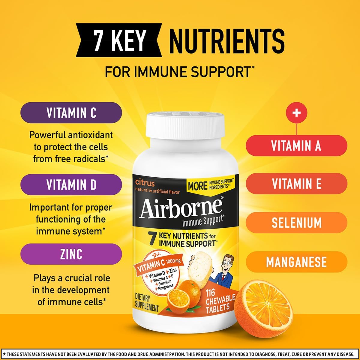 Airborne 1000mg Vitamin C + Zinc Immune Support Supplement Chewable Tablets, Citrus Flavor with Powerful Antioxidants Vitamins A C & E, 116 Chewable Tablets (2 Pack) Nirvana Guru