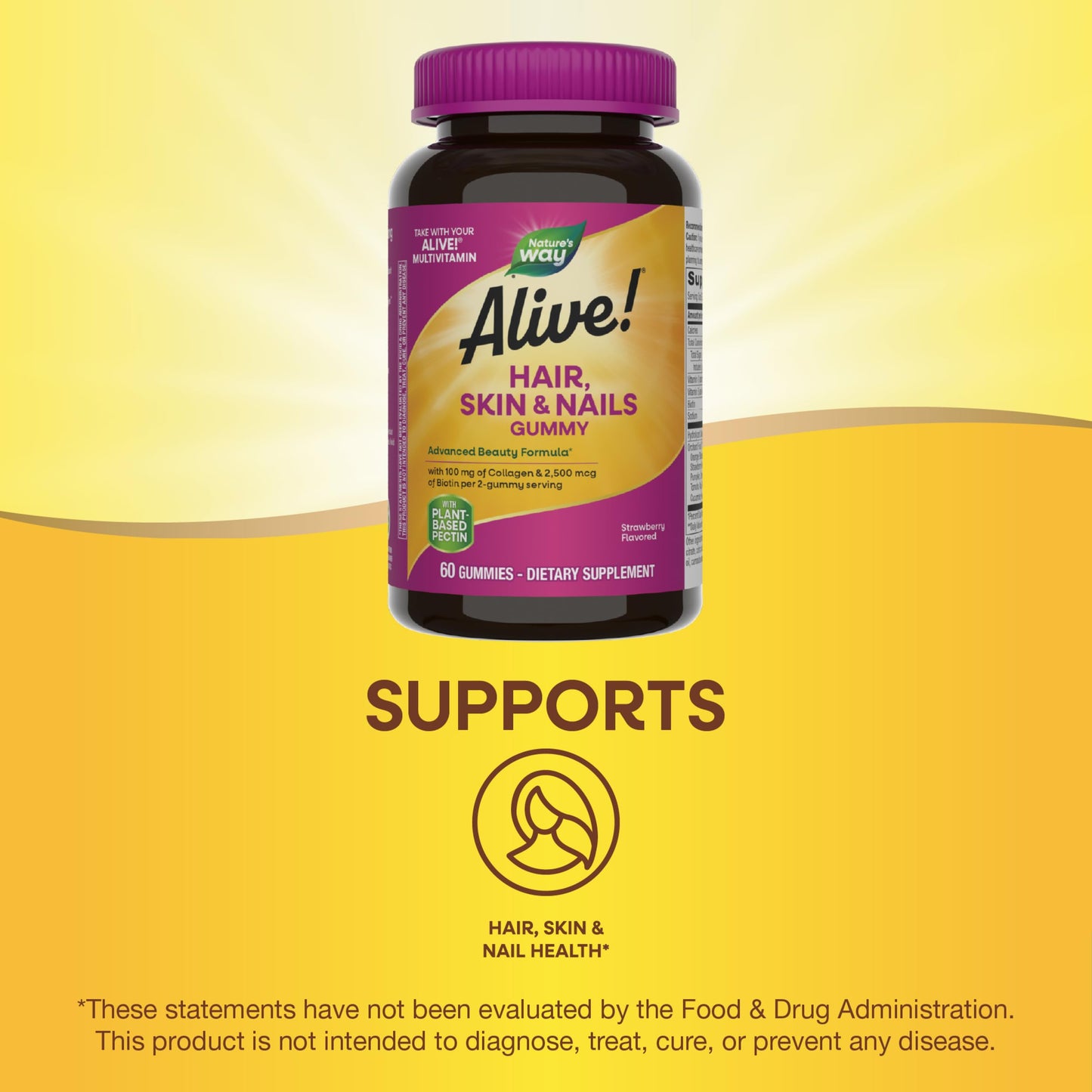 Nature's Way Alive! Hair, Skin & Nails Gummies, Advanced Beauty Formula*, with Biotin and Collagen, Strawberry Flavored, 60 Gummies (Packaging May Vary) - Nirvana Guru