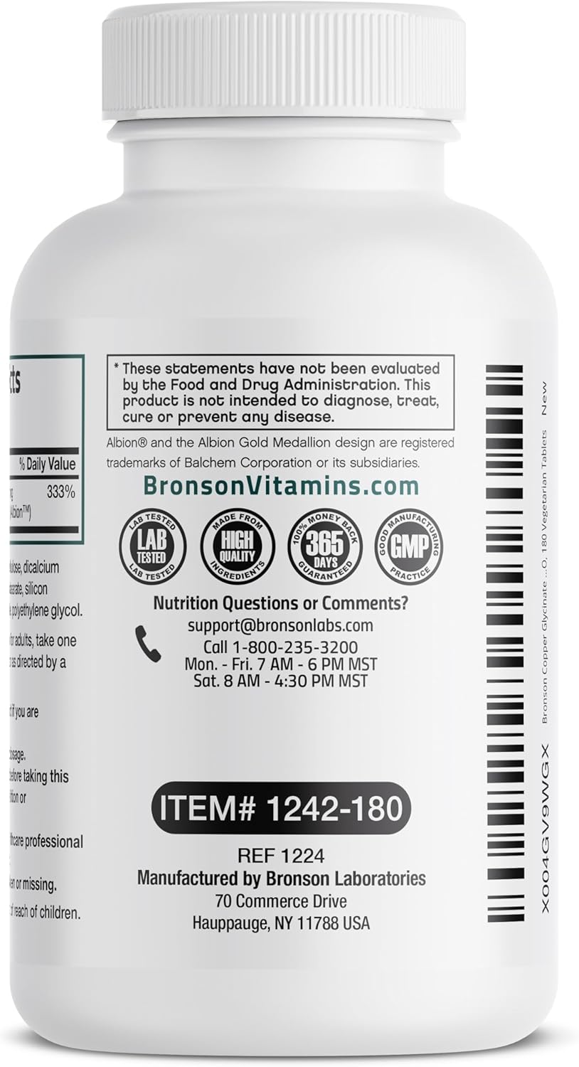 Bronson Copper Glycinate 3mg Chelated Superior Absorption Non-GMO, 180 Vegetarian Tablets Nirvana Guru