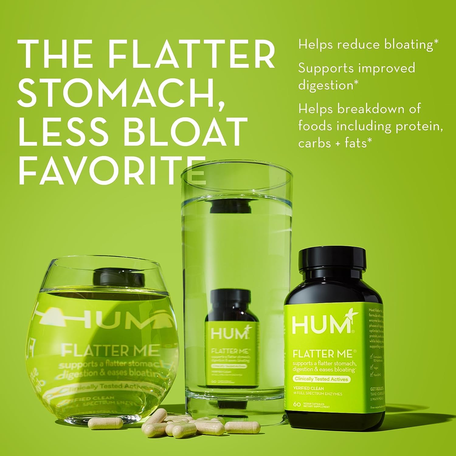 HUM Flatter Me Digestive Enzymes Bloating Supplement - Fast-Acting Bloat Relief for Digestive Health & Debloating Multi Enzyme | Bloat Pills, Anti Bloat Pills, Vegan 60 Servings Nirvana Guru