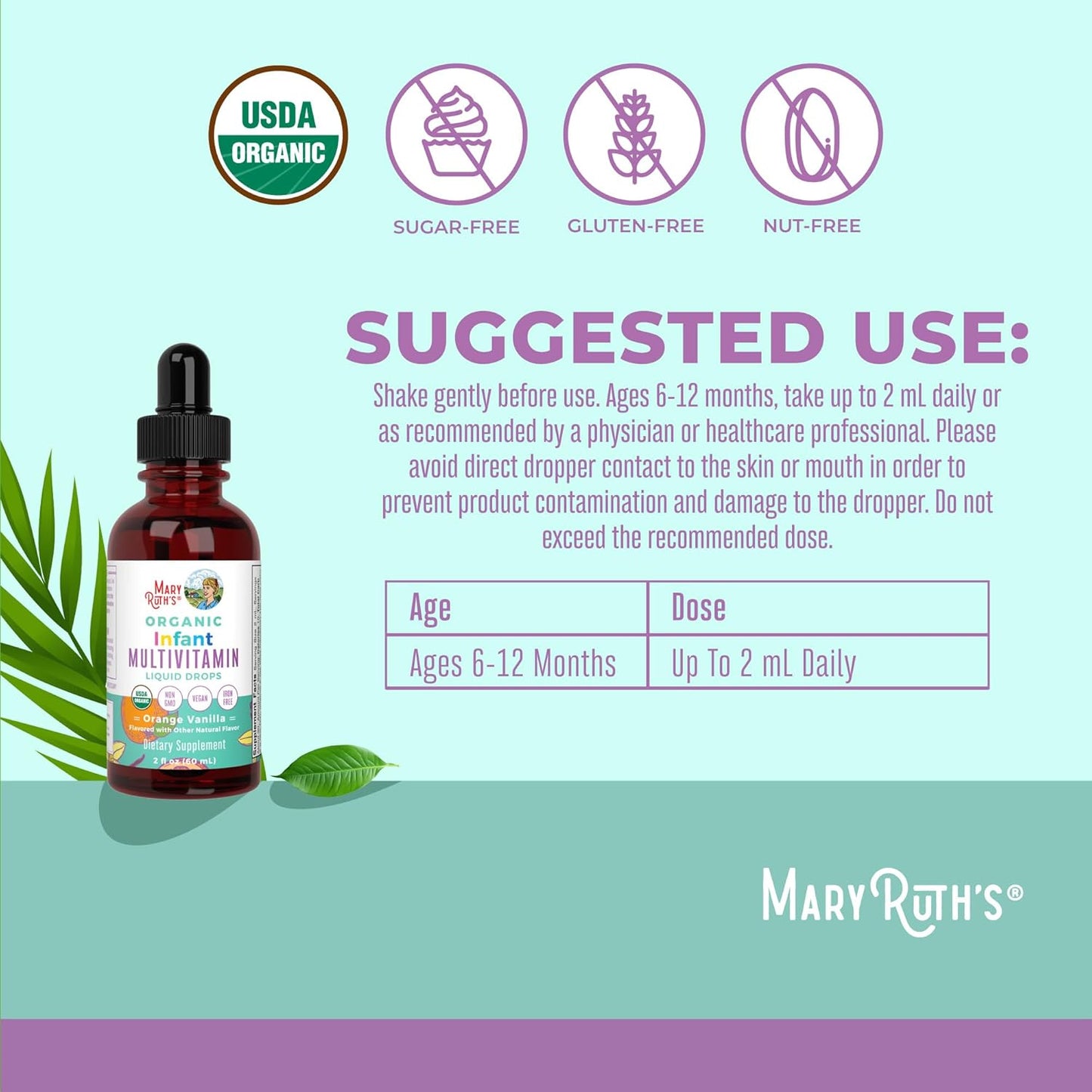 MaryRuth Organics Multivitamin for Infants | USDA Organic | Multivitamin Liquid Drops for Babies 6-12 Months | Immune Support & Overall Wellness | Vegan | Non-GMO | Gluten Free | 2 Fl Oz - Nirvana Guru