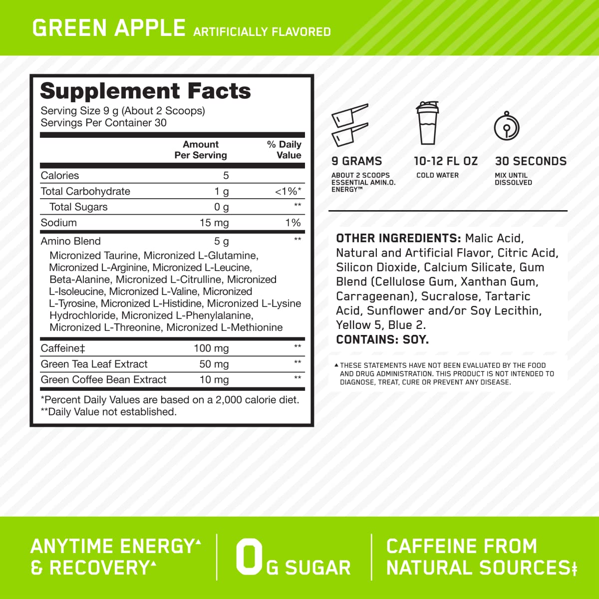 Optimum Nutrition Amino Energy - Pre Workout with Green Tea, BCAA, Amino Acids, Keto Friendly, Green Coffee Extract, Energy Powder - Concord Grape, 65 Servings (Packaging May Vary)