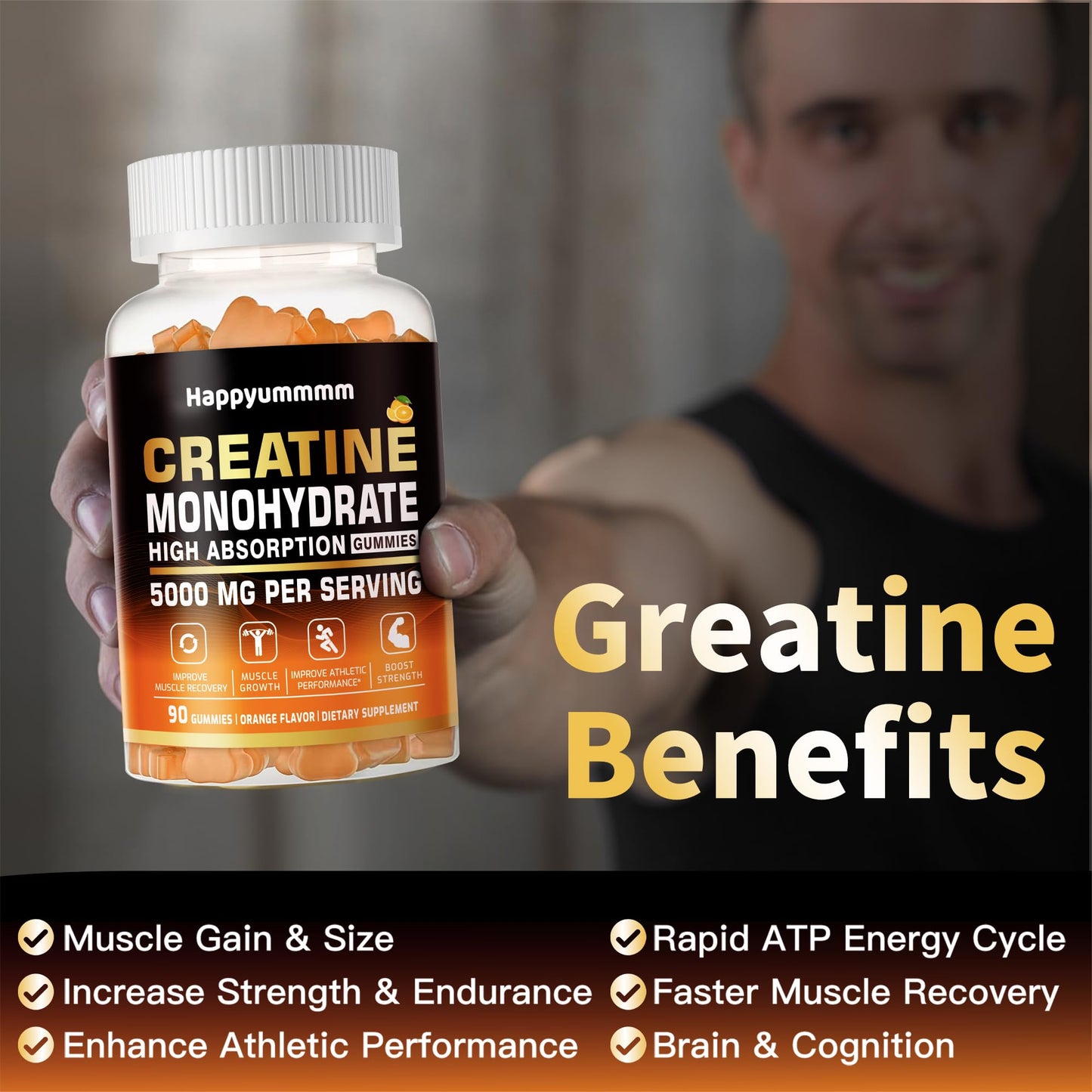 Creatine Monohydrate Gummies 5000mg for Men & Women, Chewables Creatine Monohydrate for Muscle Strength, Muscle Builder, Energy Boost, Pre-Workout Supplement(90 Count)-Strawberry.