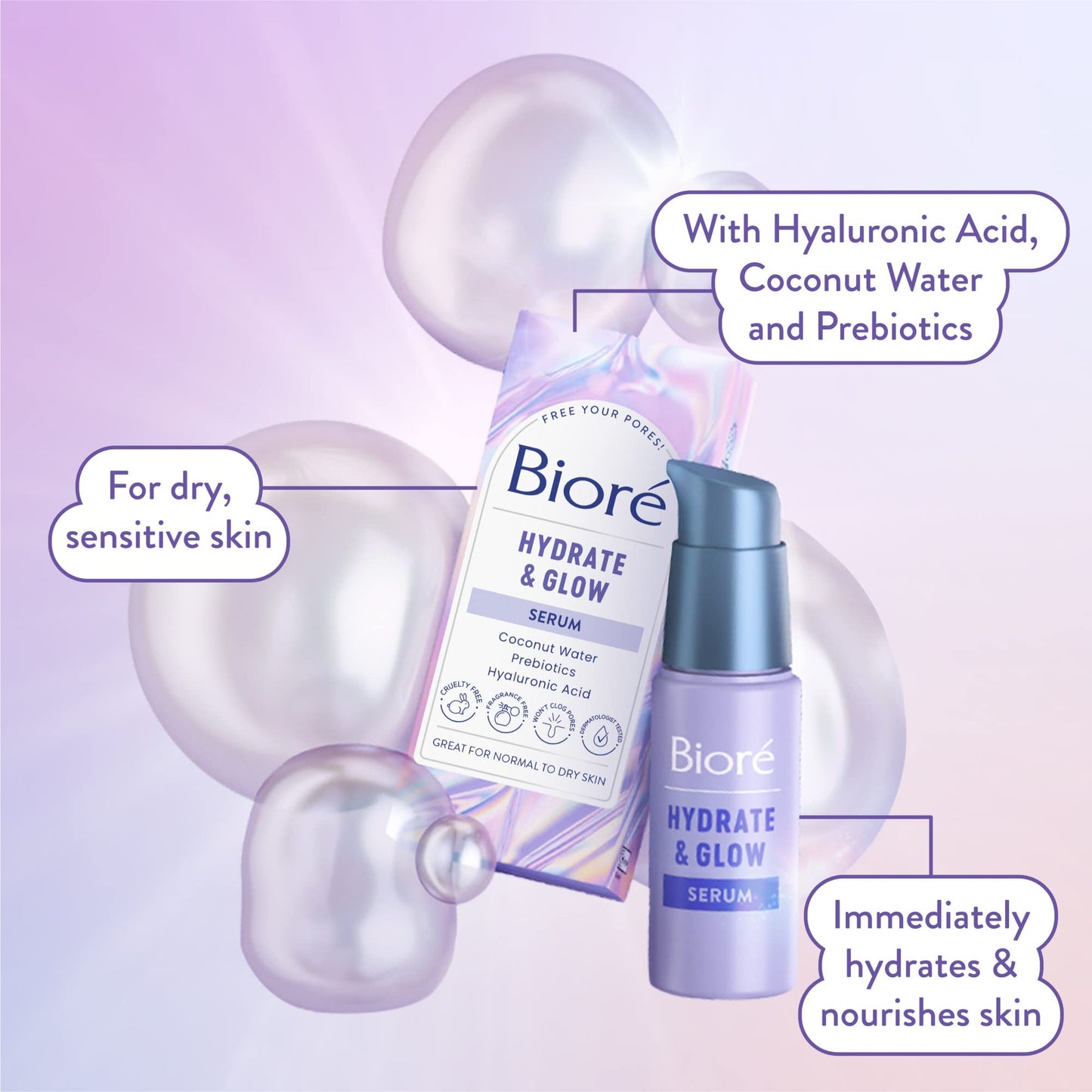 Biore Hydrate & Glow Face Serum for Dry, Sensitive Skin with Hyaluronic Acid, Prebiotics, Dermatologist Tested Face Serum, Fragrance Free, Vegan Friendly & Cruelty Free, Recyclable 1 oz Bottle Nirvana Guru