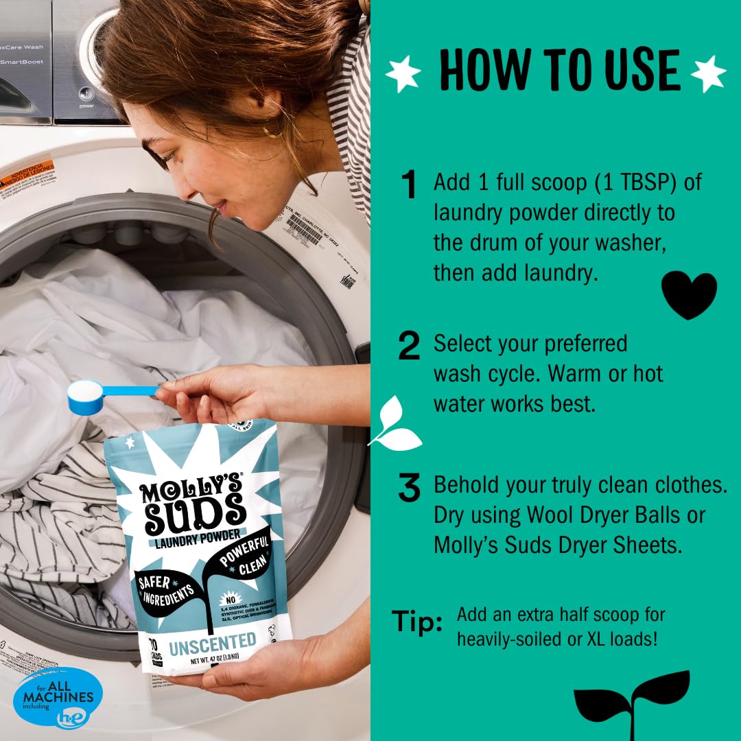 Molly's Suds Super Powder Detergent | Extra Strength Laundry Soap, Stain Fighting | Sensitive Skin | Simple, Effective Ingredients | 60 Loads - Lavender