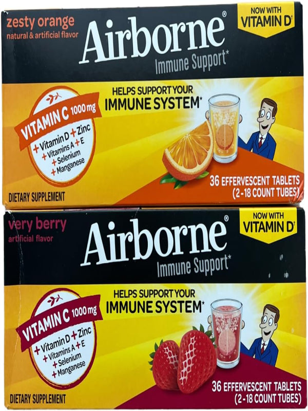 Generic Immune Support Vitamin c chewable Tablets Tablets - Boost Your Health with Airborne effervescent Tablets Zesty Orange Very Berry 36CT Each Combo 2PK Nirvana Guru