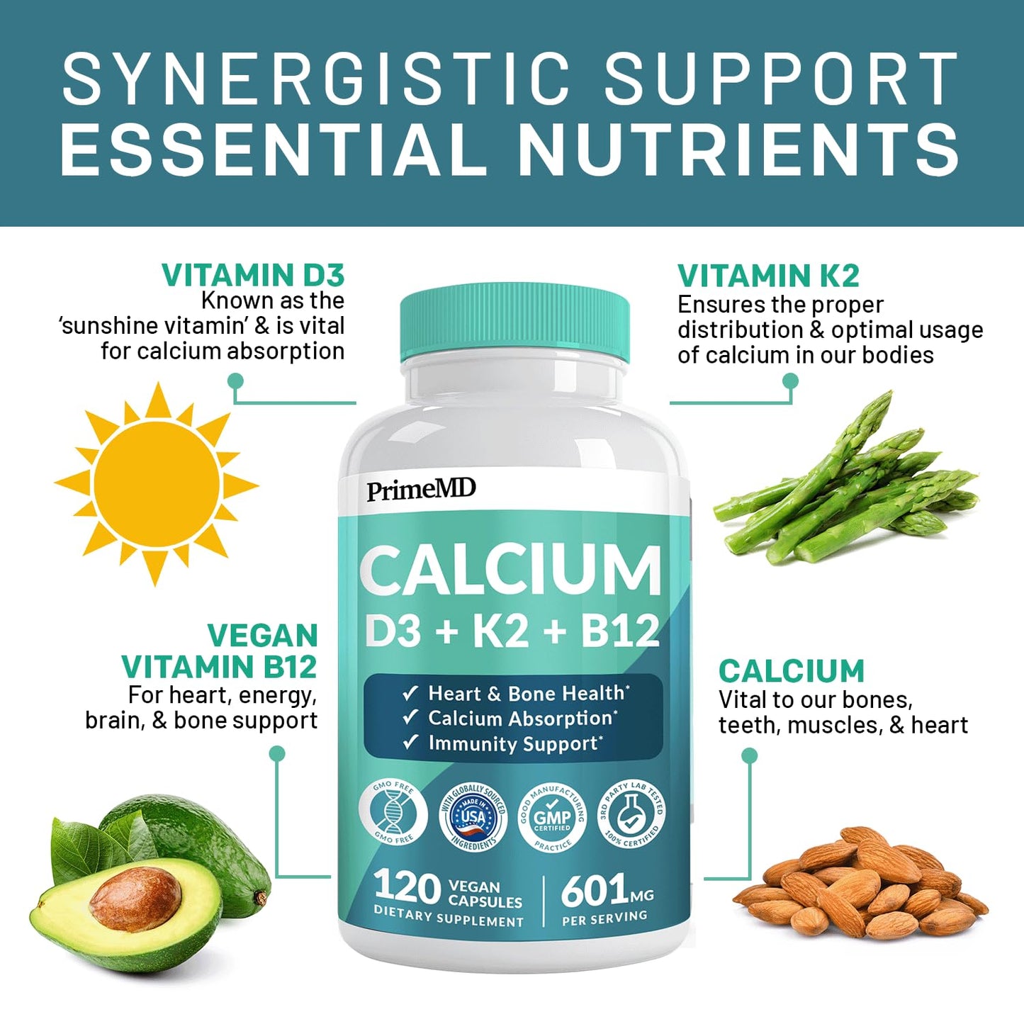 4-in-1 Calcium 1200mg with Vitamin D3 - Calcium Supplement for Women and Men with Vitamin K2 B12 5000 IU - Extra Strength Calcium Citrate for Bone and Heart Support (120ct) Nirvana Guru