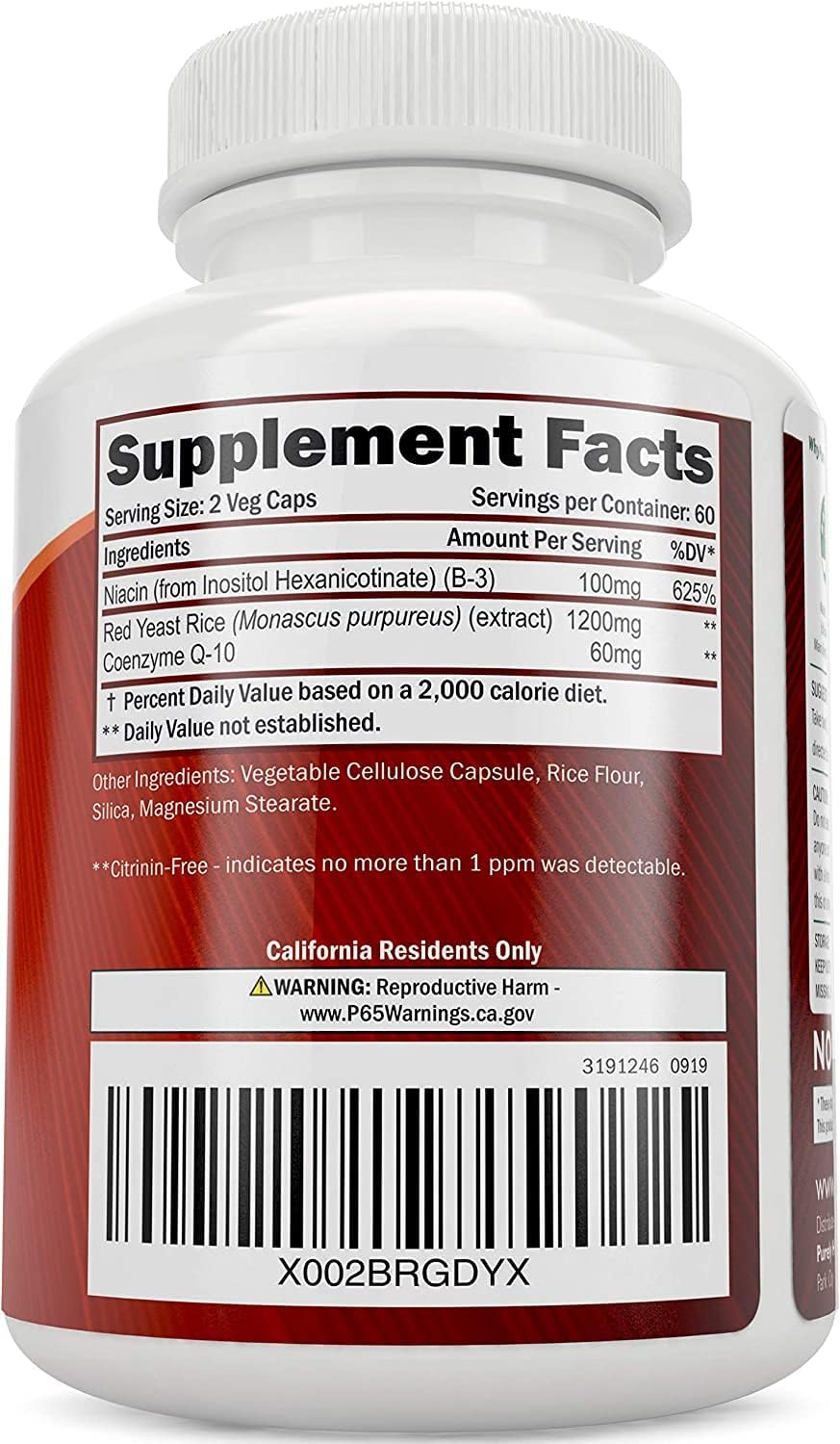 Red Yeast Rice 1200mg with CoQ10 Supplement & Flush Free Niacin 120 Extra Strength Vegetarian Capsules – Advanced Healthy Heart Formula - Non-Irradiated, Citrinin Free - Nirvana Guru