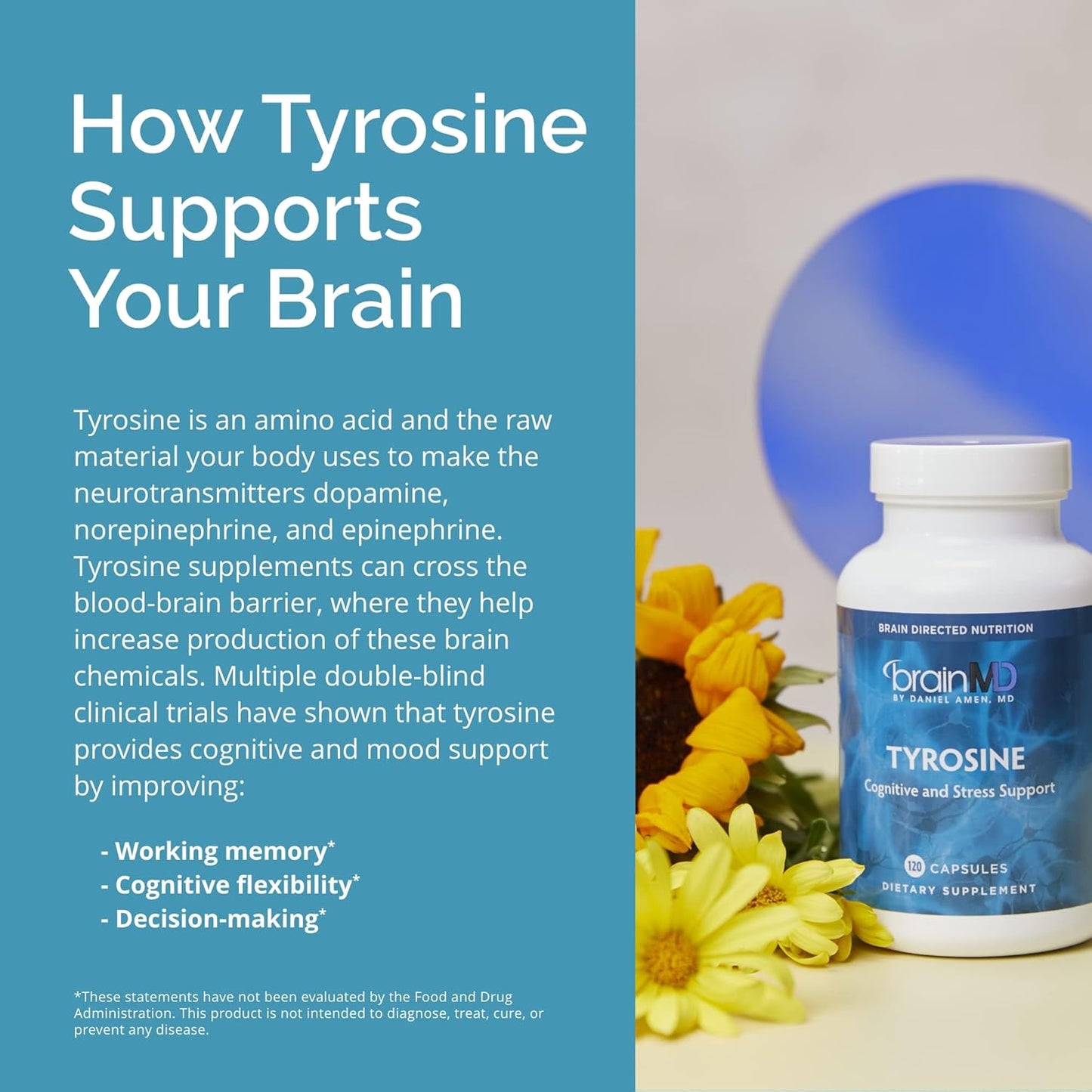 Dr Amen BrainMD Tyrosine - 120 Capsules - Promotes Mental Focus, Clarity & Alertness - Gluten Free - 60 Servings Nirvana Guru