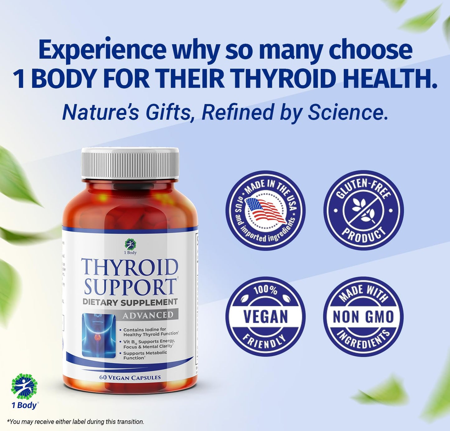 1 Body Thyroid Support Supplement with Iodine, B12, Zinc, Selenium, Ashwagandha, Non-GMO, Vegetarian, 30 Day Supply Nirvana Guru