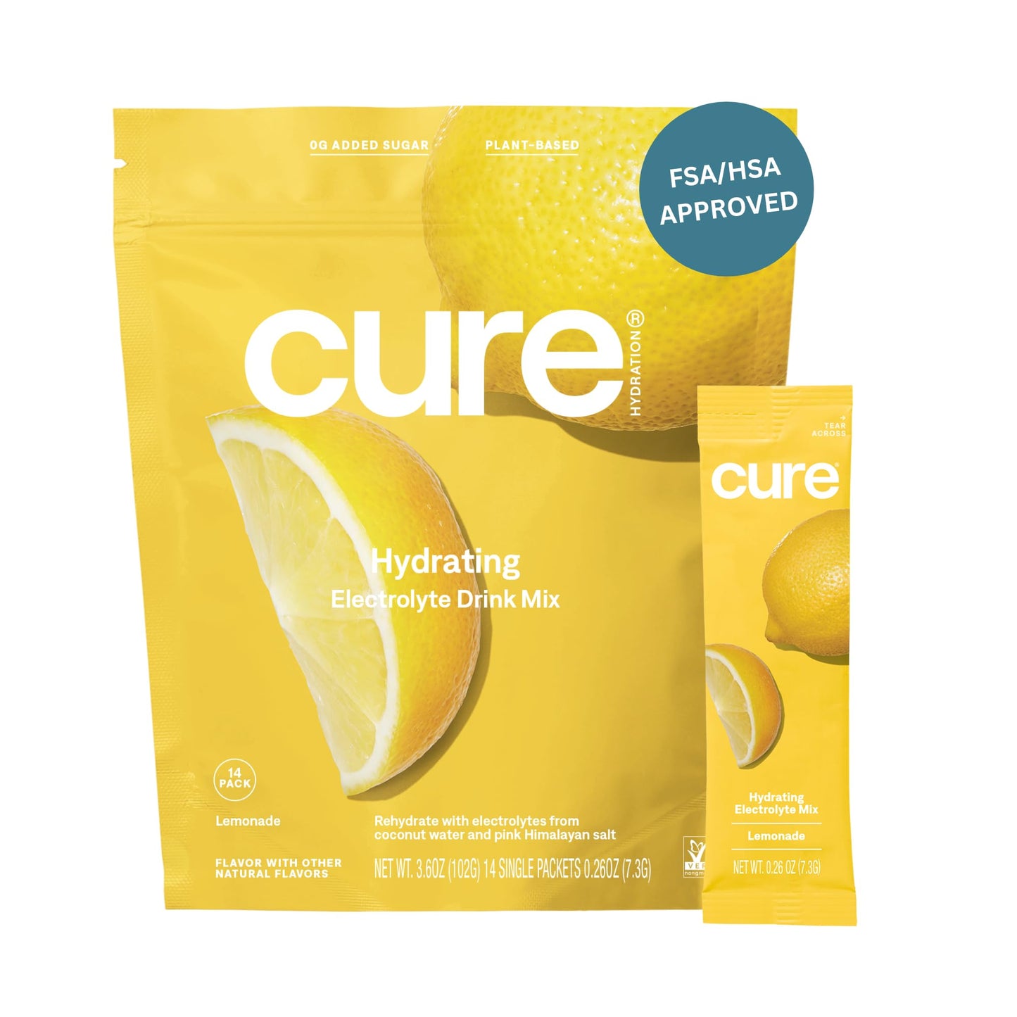 Cure Hydration | Plant-Based Electrolyte Drink Mix | No Added Sugar | FSA & HSA | Dehydration Relief Powder Made with Coconut Water | Non-GMO | Vegan | Pouch of 14 Packets - Berry Pomegranate