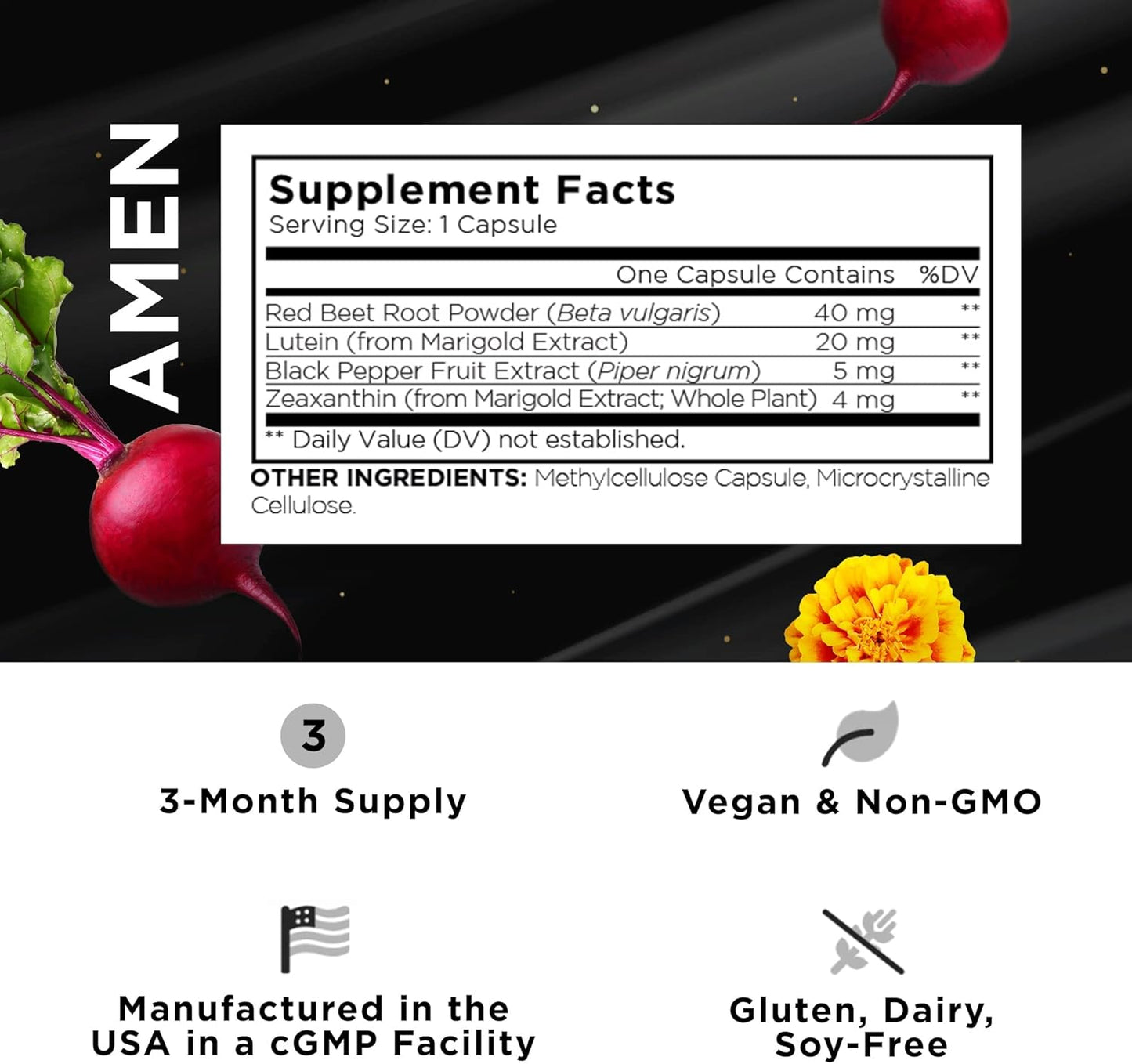Amen Eyes Lutein Zeaxanthin Supplement - Eyes Vitamins - Lutein and Zeaxanthin from Marigold Extract, Red Beet Root Powder, Black Pepper Fruit Extract - 3-Month Supply Eye Care - Non-GMO - 90 Capsules Nirvana Guru