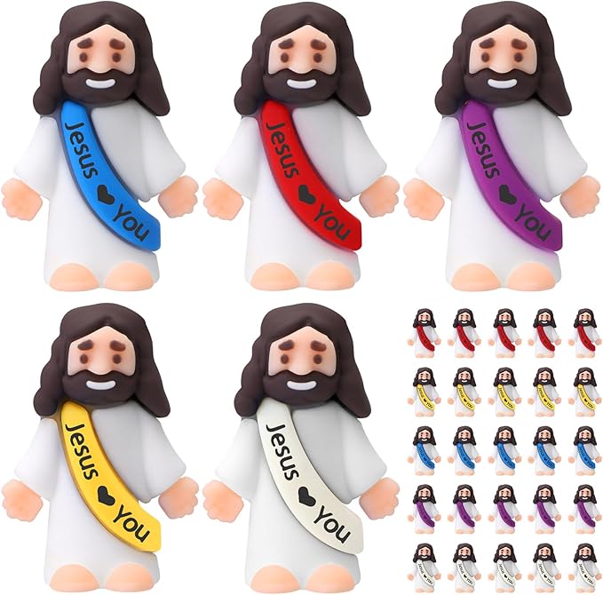 Bememo 25 Pcs Little Jesus Figures Original Design Jesus Love You Mini Rubber Toys to Hide and Seek Religious Party Favors Sunday School Baptism Gifts(Lively Colors) nirvanaguru