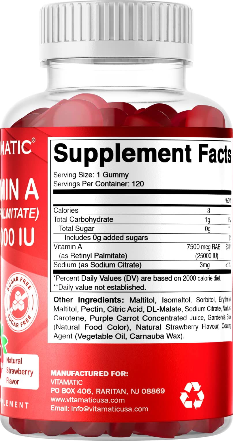 Vitamatic Sugar Free Vitamin A 25000 IU Gummies (Retinyl Palmitate) - Natural Strawberry Flavor - 120 Pectin Based Gummies (1 Bottle) Nirvana Guru