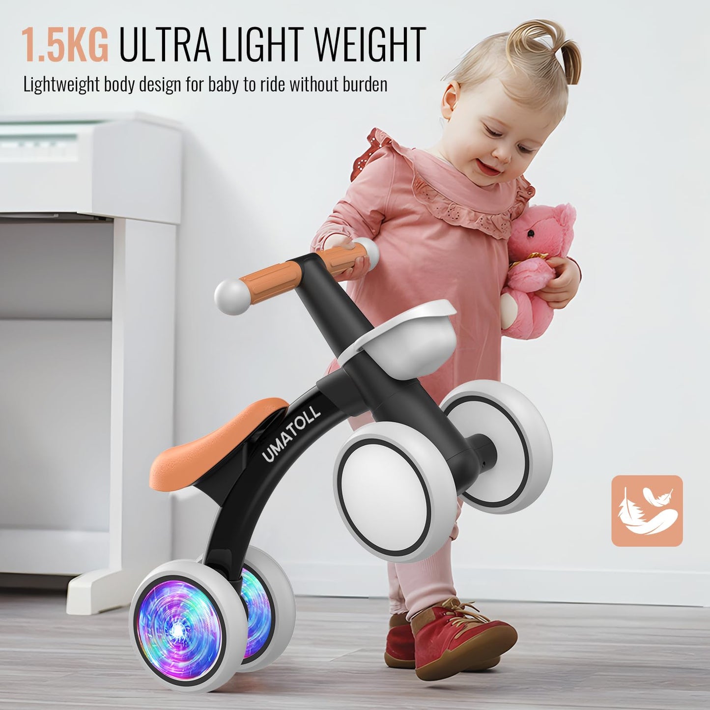 Umatoll Colorful Lighting Baby Balance Bike Toys for 1 Year Old Girls Gifts, Adjustable Seat, 1st Birthday Gifts, 12-24 Months Toddler Bike, Pink Nirvana Guru