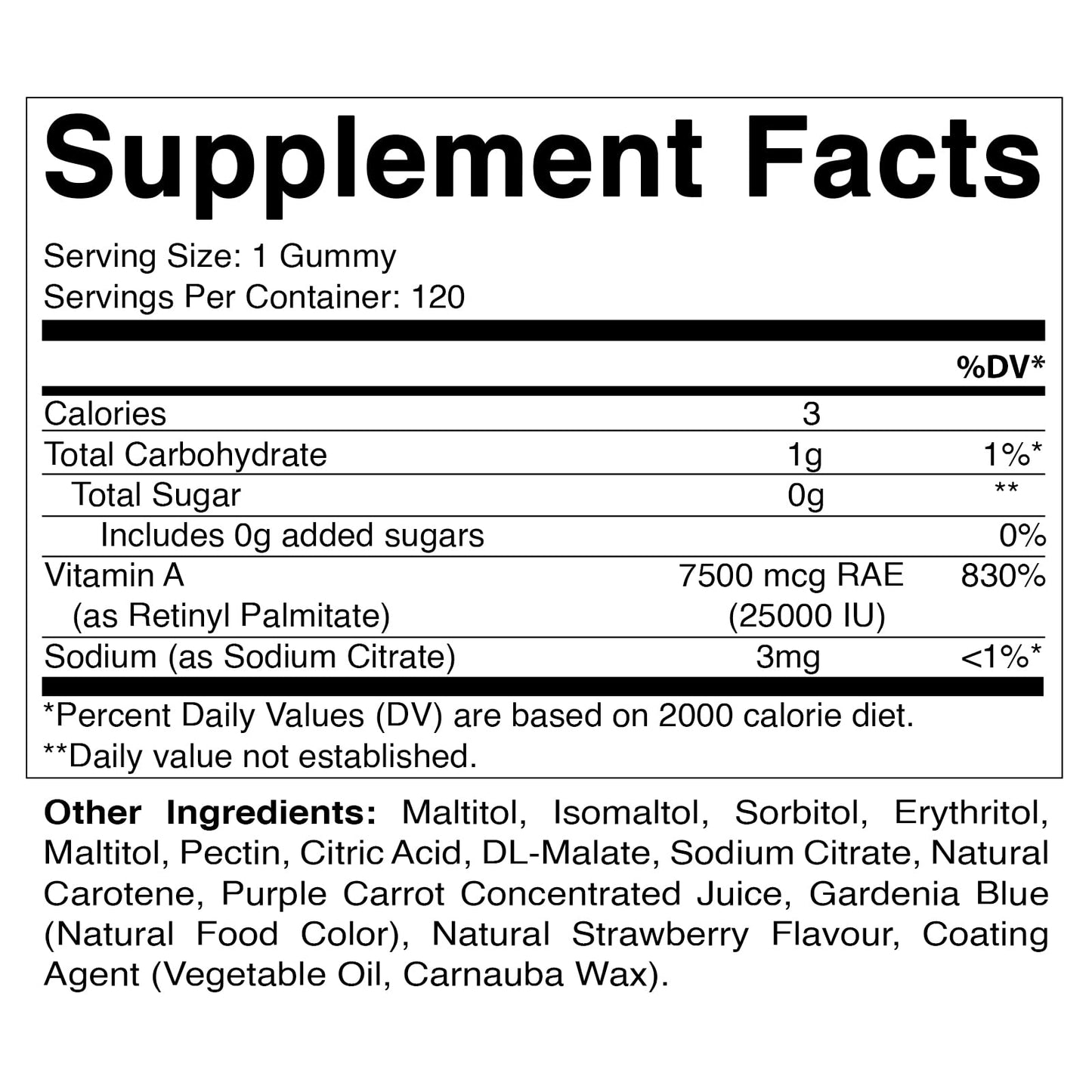 Vitamatic Sugar Free Vitamin A 25000 IU Gummies (Retinyl Palmitate) - Natural Strawberry Flavor - 120 Pectin Based Gummies (1 Bottle) Nirvana Guru