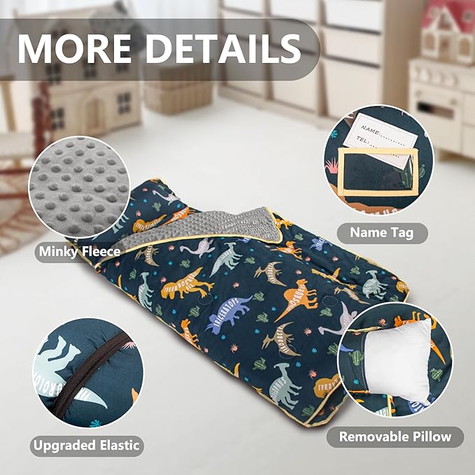 Primlect Thickened Toddler Nap Mat with Removable Pillow and Minky Blanket, Extra Large 55''x35'' Sleeping Bag, Washable, Roll up, Perfect for Daycare, Preschool, Kindergarten, Boys and Girls Dinosaur Nirvana Guru