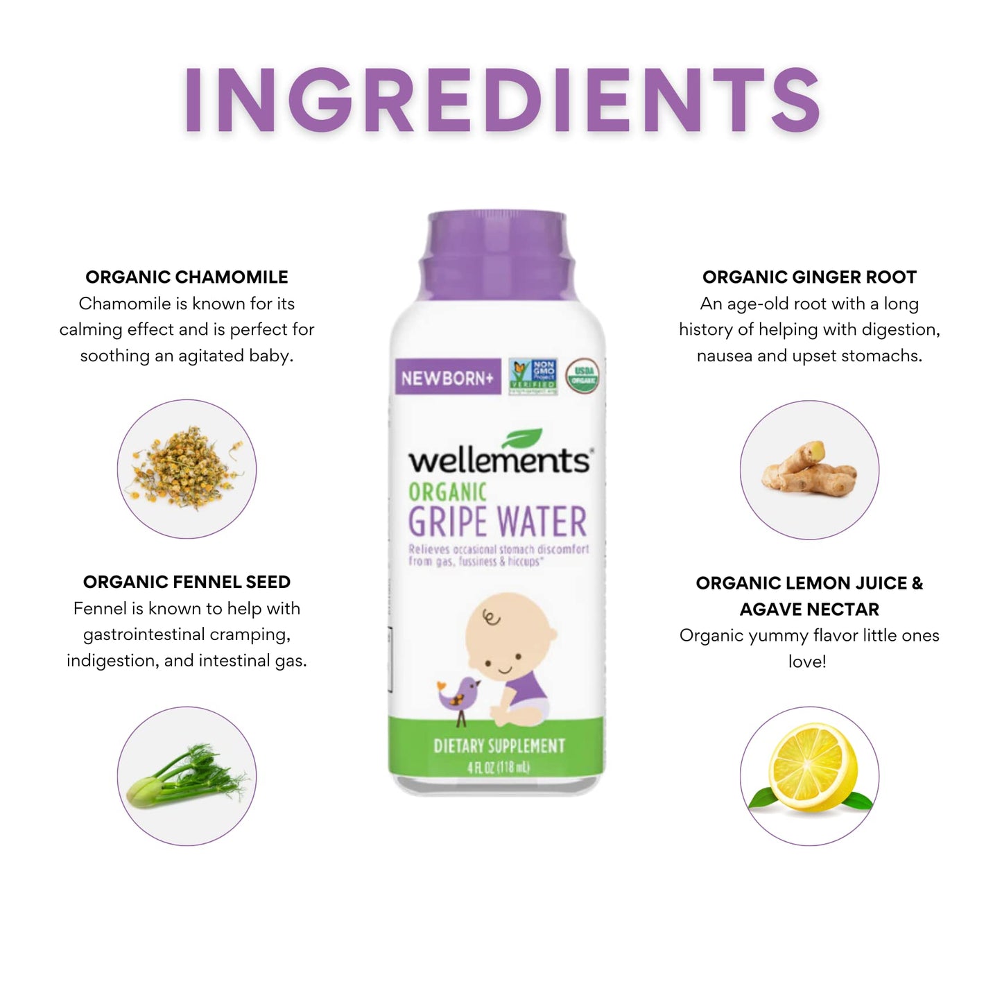 Wellements Organic Gripe Water | Relieves Occasional Stomach Discomfort from Baby Gas, Colic, Hiccups and Fussiness | Certified Organic and Non-GMO | No Artificial Flavors | 4 Fl Oz. | Ages Newborn+ Nirvana Guru