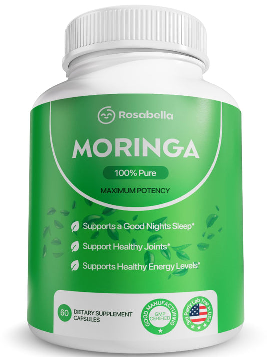 Rosabella Moringa Capsules - Pure Moringa Powder, Energy, Skin, Immune & Gut Health Superfood, Rich in Antioxidants, Essential Vitamins & Amino Acids, Natural Green Superfood Supplement - 60 Count