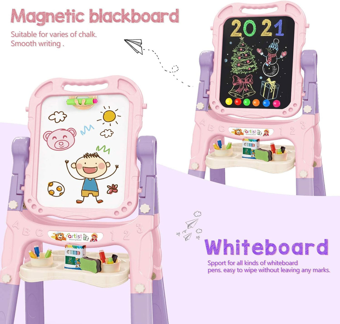 Art Easel for Kids, Adjustable Standing Rotatable Double Sided Easel with Painting Accessories for Toddlers Boys and Girls-Pink Nirvana Guru