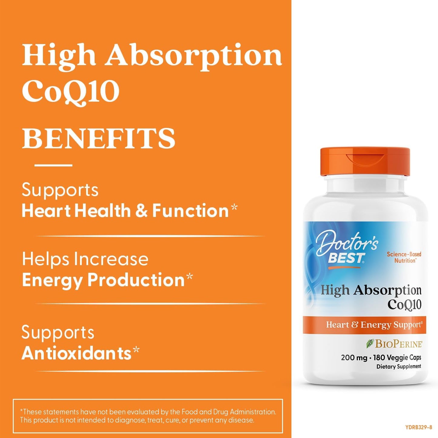 Doctor's Best High Absorption CoQ10, Heart & Energy Support, USP Verified, Naturally Fermented CoQ10, Non-GMO Gluten Free, Soy Free, Vegan 180 Veggie Caps - Nirvana Guru