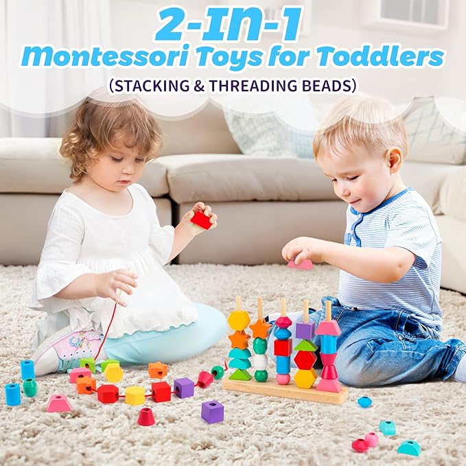 Montessori Wooden Beads Sequencing Toy Set, Stacking Blocks & Lacing Beads & Matching Shape Stacker for 2 3 4 5 Year Old STEM Preschool Learning Montessori Toys Gifts for Kids Boy Girl Toddler nirvanaguru
