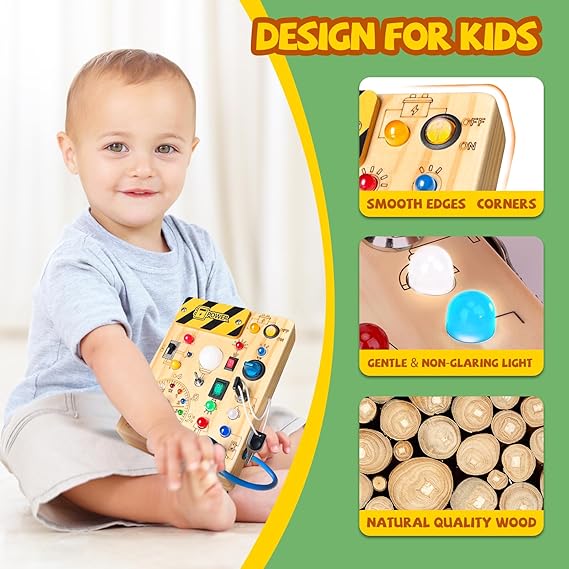 Busy Board, Montessori Toy for 1-3 Years Old, Wooden Toddler Sensory Travel Toy, Ideal Gift for 1+ Year Old Boys (Busy Board Plus V2), Medium, Yellow nirvanaguru