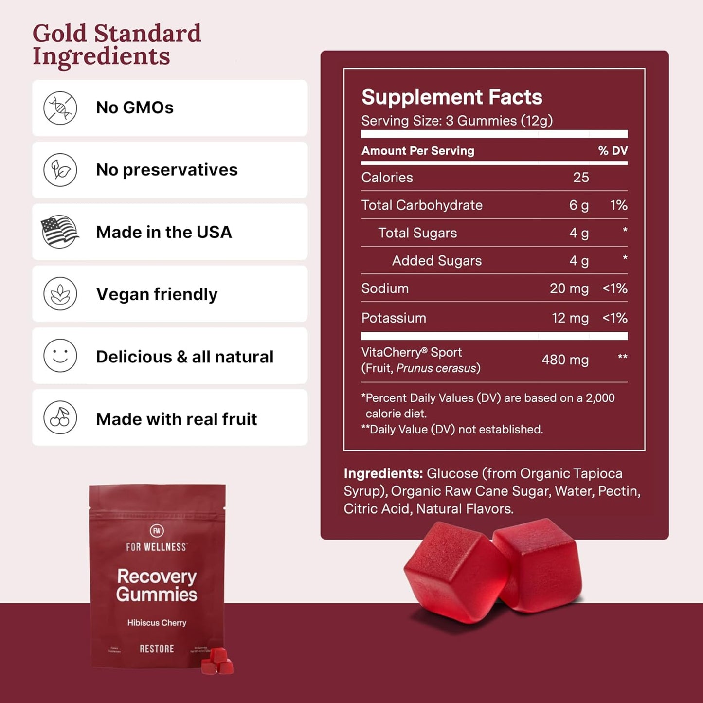 Recovery Gummies Restore - Tart Cherry Gummies for Muscle Recovery - Hibiscus Cherry Flavor with Antioxidants & Electrolytes Combats Soreness, Boosts Energy - Vegan, Non-GMO, Gluten-Free Nirvana Guru