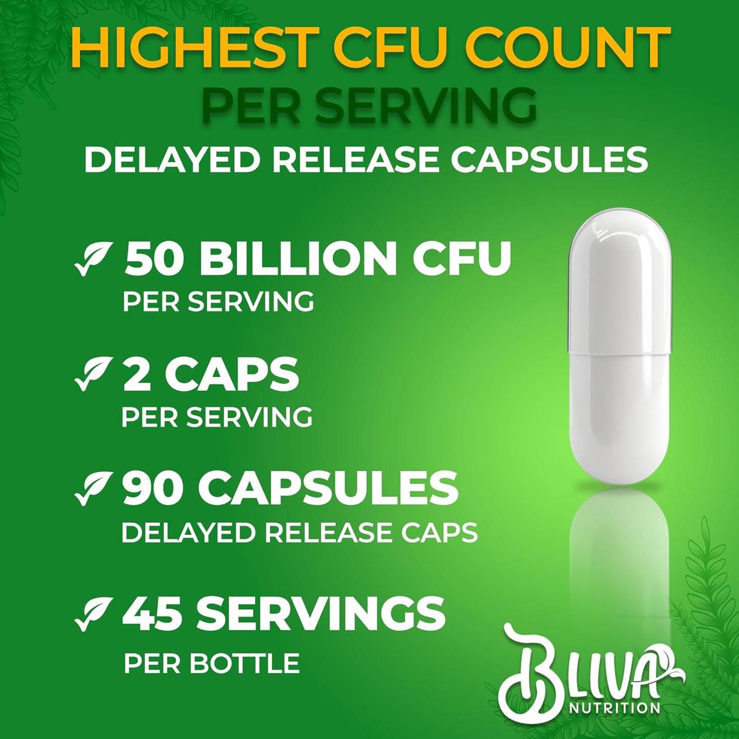 BLIVA Lactobacillus Reuteri Capsules – L Reuteri - 50 Billion CFU per Serving - Highest CFU Count L Reuteri Supplement - 90 Capsules - Nirvana Guru